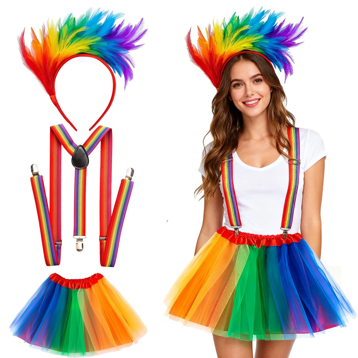 EduPlayte 3 Rainbow Costume Set for Women Tulle Tutu Colorful Overalls Stretchy Gloves Ponytails Headband Carnival Women's and Girls' Puffy Dress