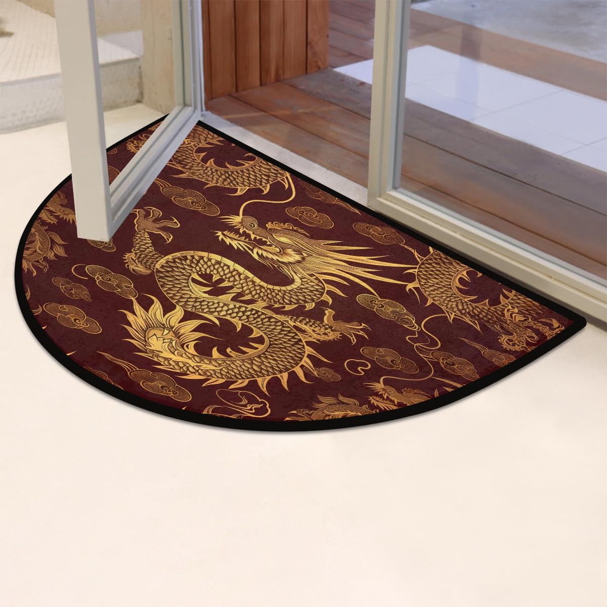 Half Round Door Mat Chinese Dragon Animal Non Slip Semi Circle Doormat, Indoor Low Profile Front Door Mat for Outdoor Patio Porch Kitchen Bathroom Entryway Floor Mat
