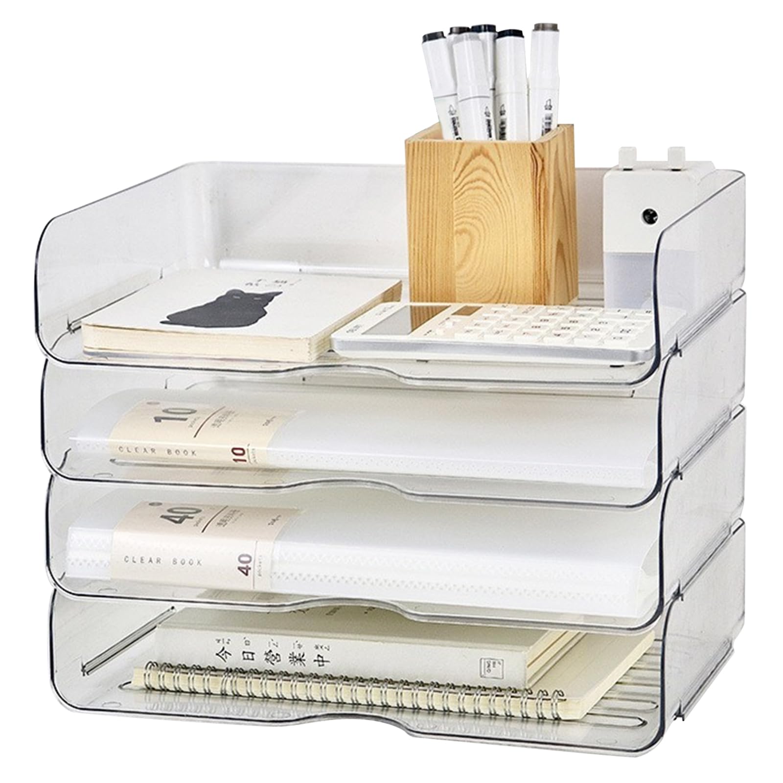Vaschetta portadocumenti trasparente a 4 ripiani, in acrilico, impilabile, per formato A4, robusta e impilabile, in plastica PET, per casa, ufficio, scuola, ripiano in carta, 33 x 25 x 7 cm