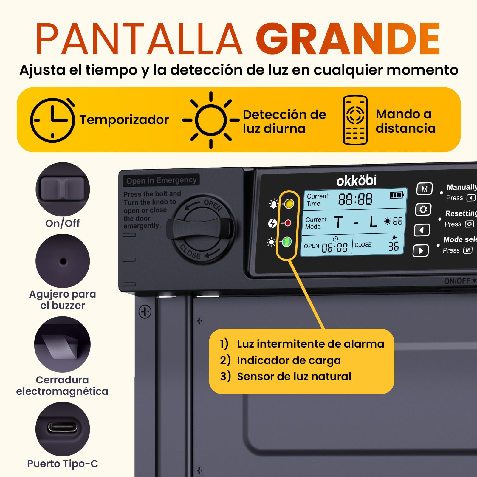 Puerta Gallinero Automatica Solar - Pro Version - Puerta Automatica Gallinero con Mando a Distancia, Sensor de luz y Temporizador - Seguridad: Función Anti-pellizco - Pantalla LCD - 5 años protección