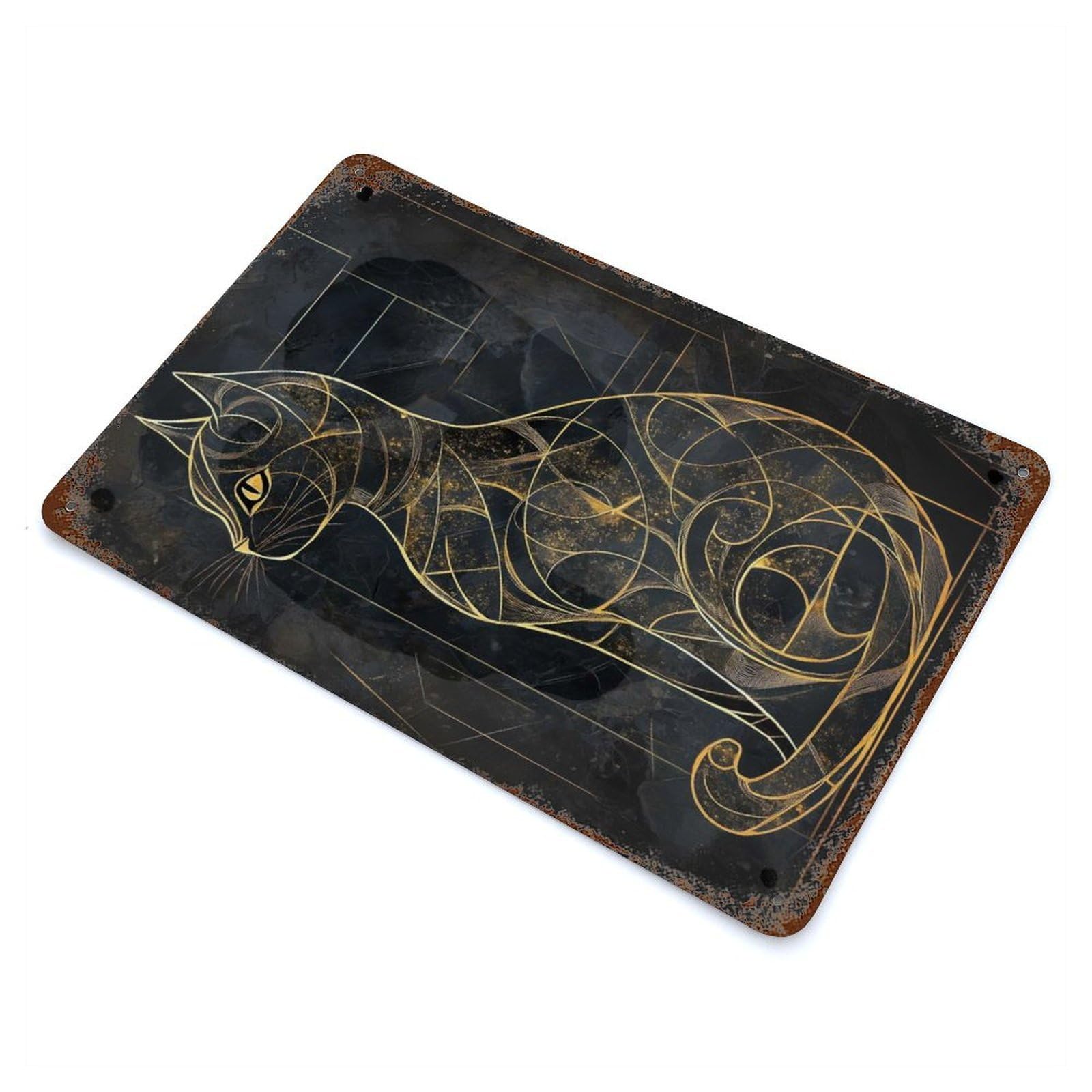 Kintsugi Black Cat 11.8"x7.9" Aged Metal Wall Plaque, Novelty Wall Decor for Garage, Bar And Workshop Decor