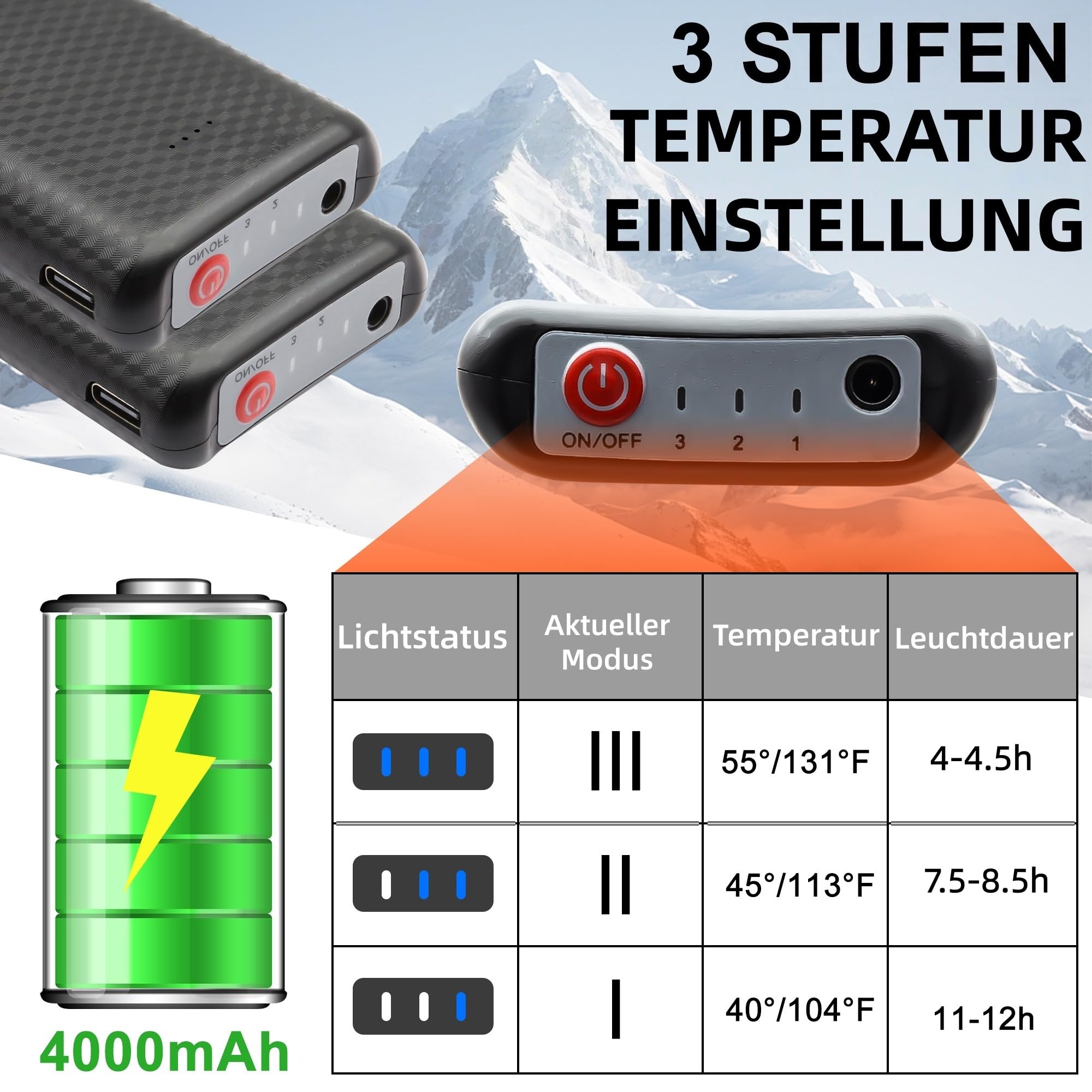 wiederaufladbare beheizbare Socken mit 3 Temperatureinstellungen | 4000 mAh Akku Unisex für Männer und Frauen, waschbar, warme Winter-Socken geeignet für Skifahren und Camping