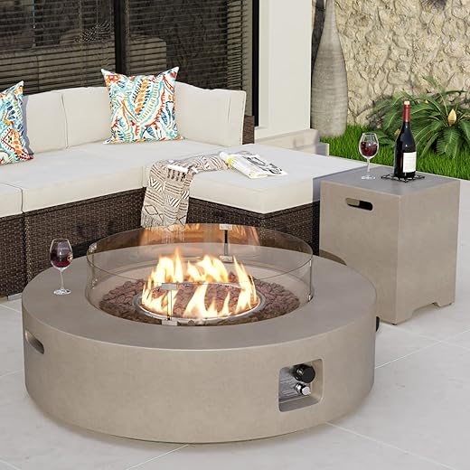 COSIEST 2-Piece Outdoor Propane Firepit Table Set w Tank Table, 40.5-inch Dark Fire Table 50,000 BTU w Beige Round Base,Wind Guard and 16 inches Tank Side Table 20lb for Garden,Pool