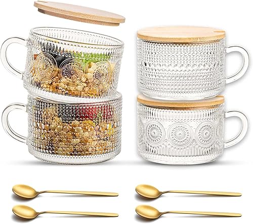 JBHO Tazas de café de vidrio vintage de 14 onzas, 4 tazas de vidrio transparente en relieve con tapas y cucharas de bambú, regalos para mujeres,