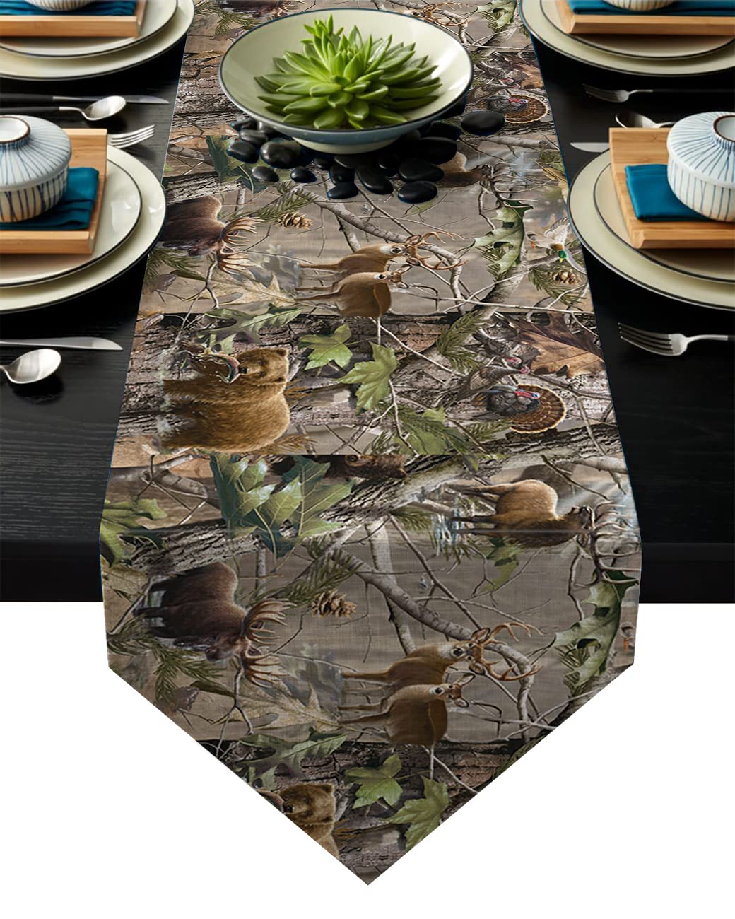Table Runner Dresser Scarves Trees Camo Rustic Deer Elk Bird Bear Non-Slip Burlap Tablecloth for Holiday Dinner Parties Wedding Home Decor - 13"x120"