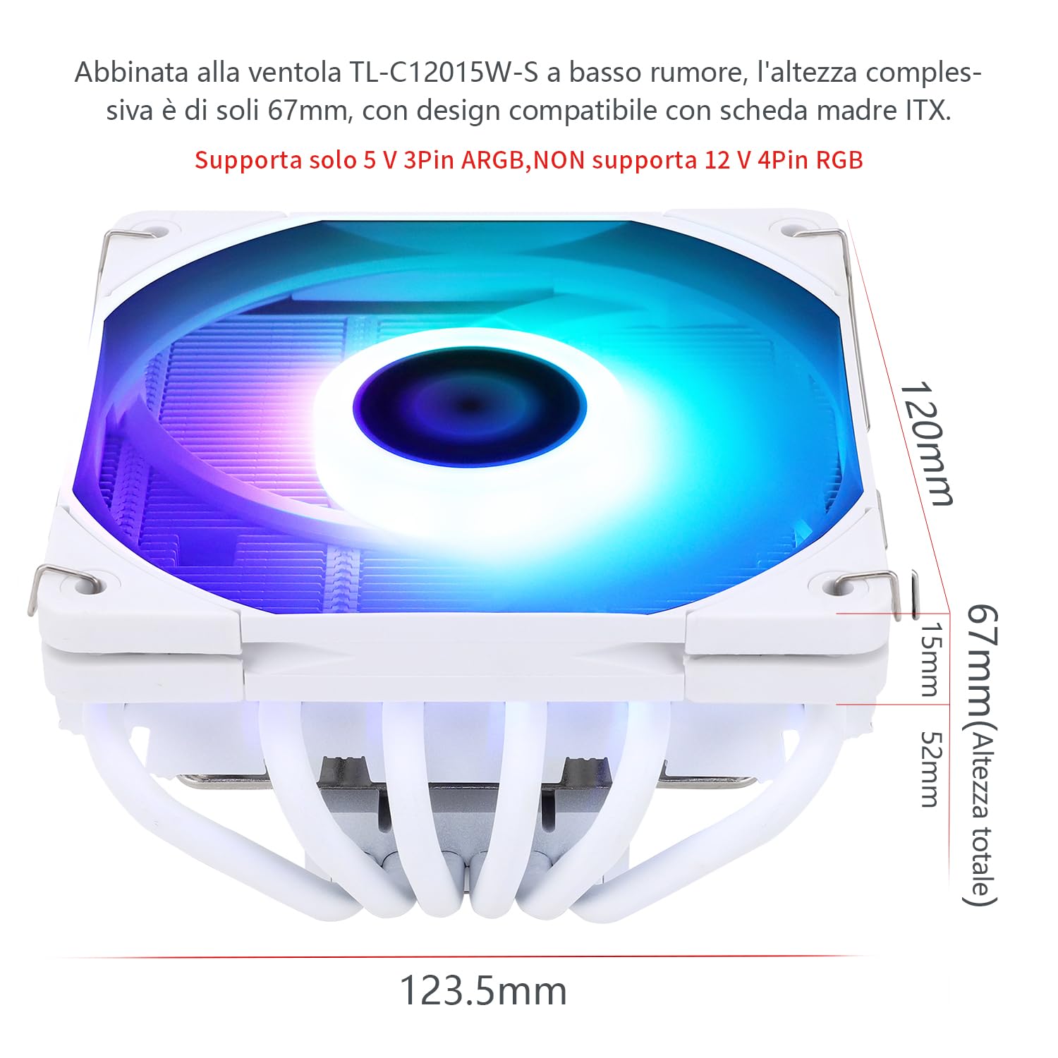 TR AXP120-X67 White ARGB Niskoprofilowy wentylator procesora PWM TL-C12015W-S 120 mm, 6 rur cieplnych, wysokość 67 mm, do AMD AM4 AM5/Intel