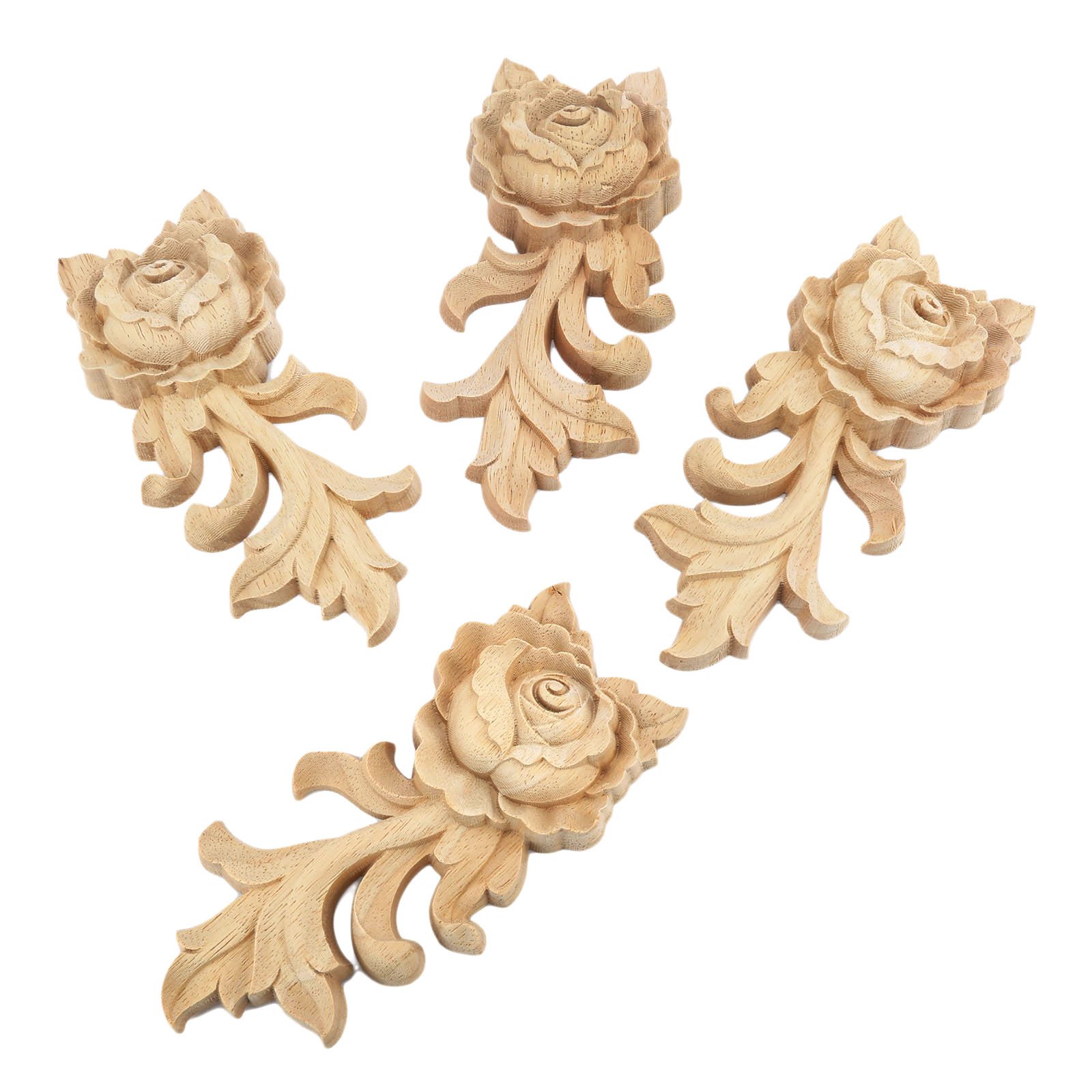 Muxsam 4Pcs 15 * 6.5Cm Wood Carved Corner Onlay Applique Door Cabinet Rose Unpainted European Style