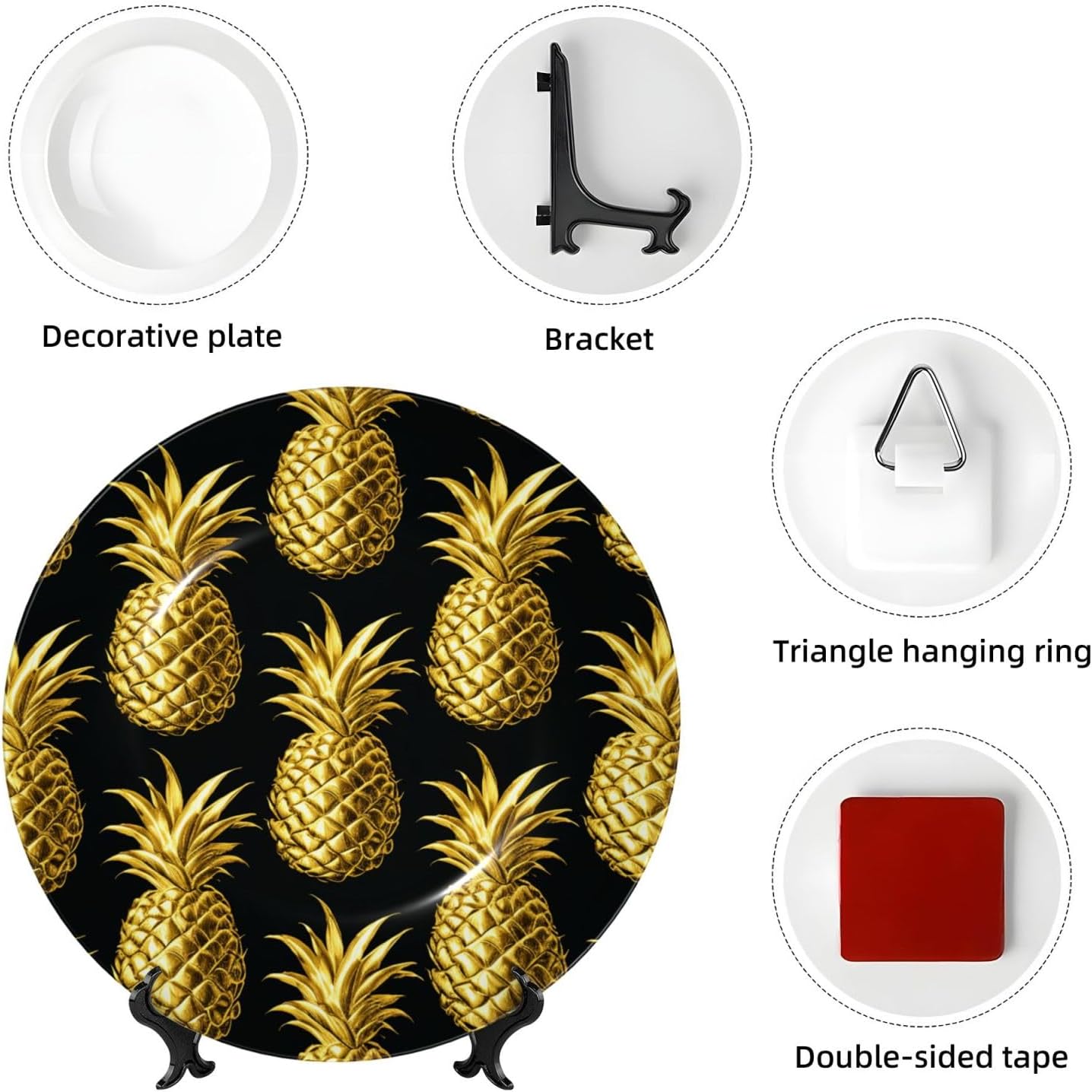 Bone China Decorative Plate with Display gold pineapple background Ceramic Plates Crafts Art Decor Dessert Plate Ceramic Ornament Porcelain Plates for Living Room Kitchen Table Home Decor