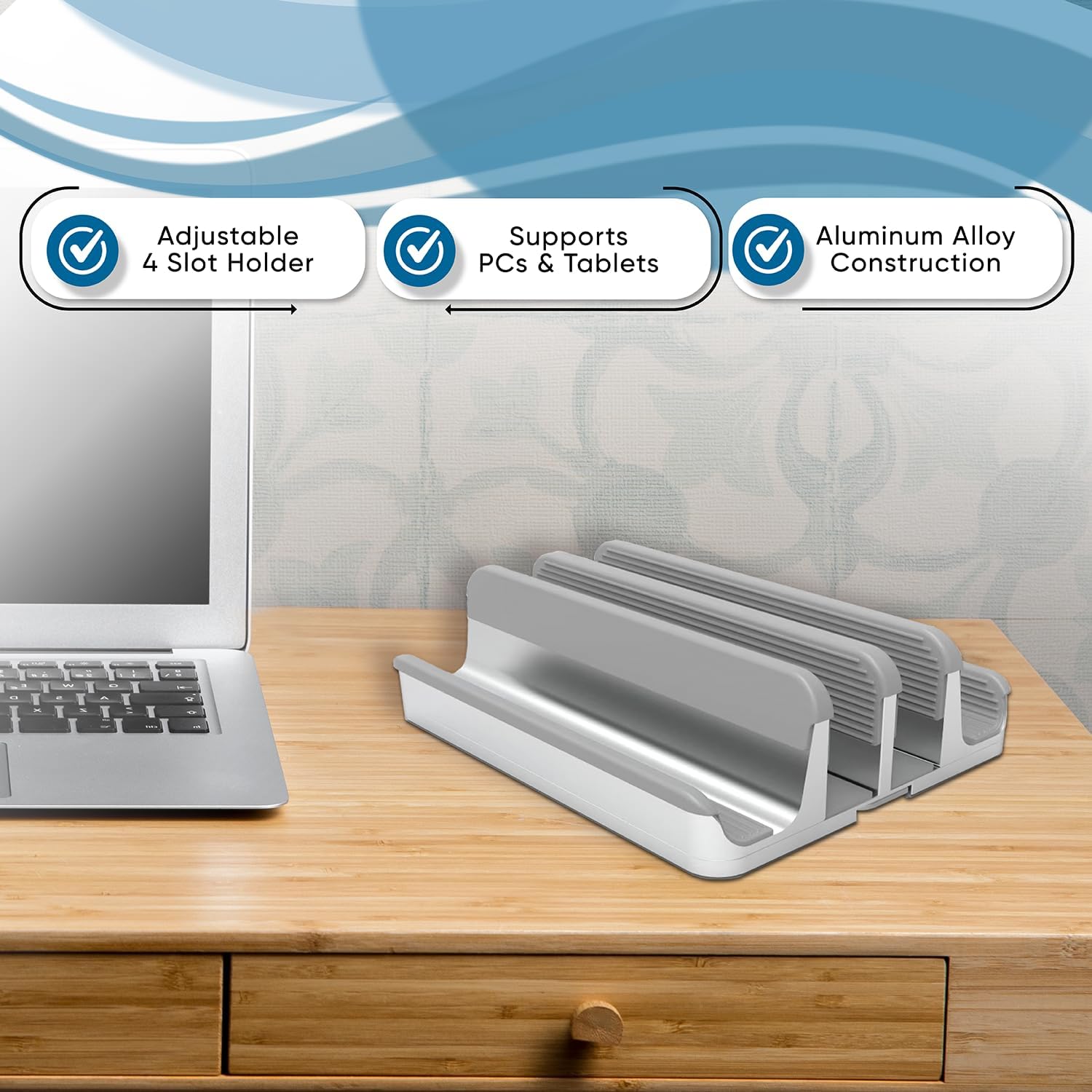 Elestoria 4- Slot Vertical Laptop Stand - Aluminum Laptop Stand Vertical for Desk - Fits MacBook Pro/Air, Surface, Mobiles & Gaming Laptops up to 17.3" - Heavy Duty Laptop Holder for Desk - Silver