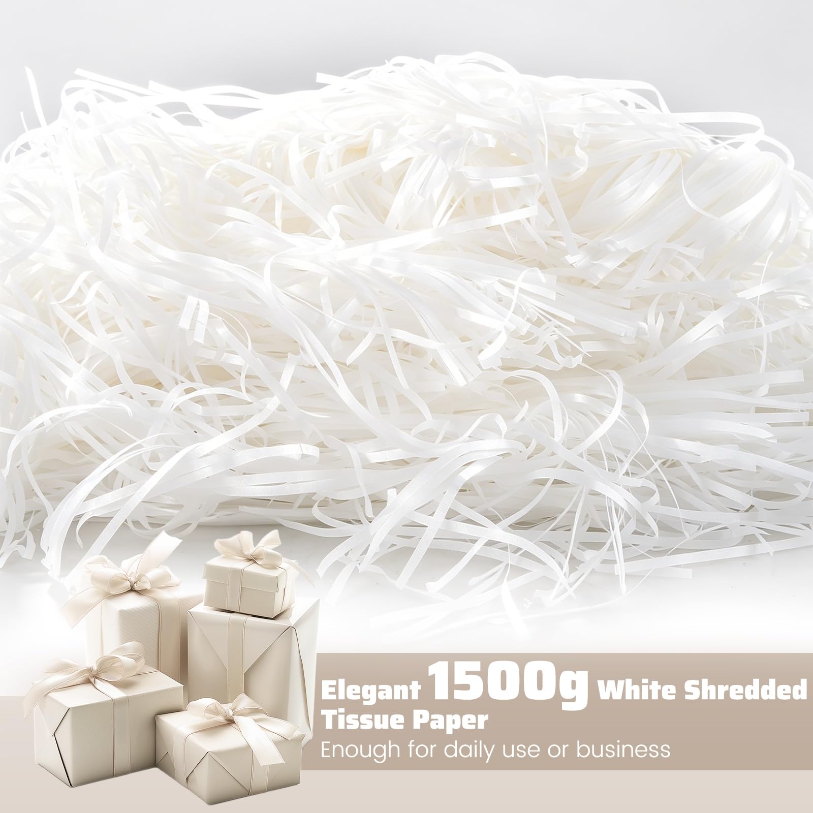 WOPPLXY Riempimento di scatole regalo in carta velina bianca triturata da 1,5 kg | Carta velina sminuzzata per riempire cesti, champagne, carta velina sminuzzata per scatole regalo, cesti, imballaggi