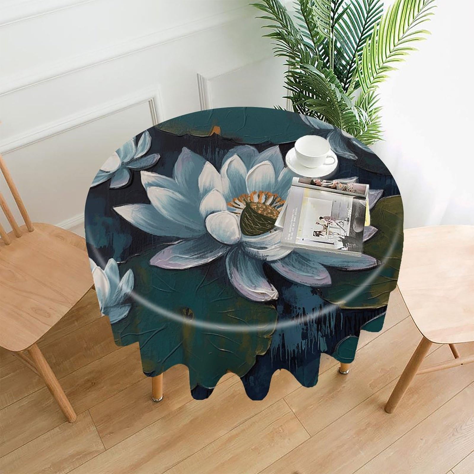 LZQPOEAS Hand Painted Lotus Tablecloth Decorative Round Table Cloth Wrinkle Resistant Round Tablecloth Washable Circle Table Cover for Kitchen Dining Party Wedding Camping 60 Inch