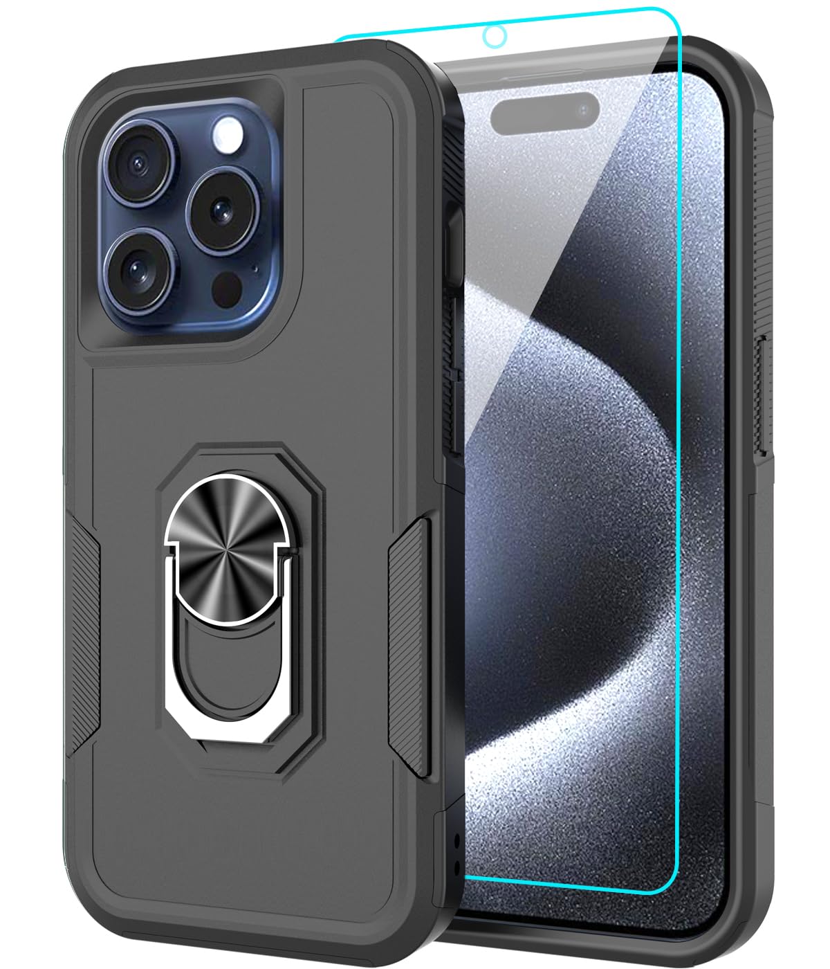 LEXNEC Compatible for Apple iPhone 15 Pro Case with Tempered Glass Screen Protector,Heavy-Duty Tough Rugged Phone Case Cover with Ring Holder