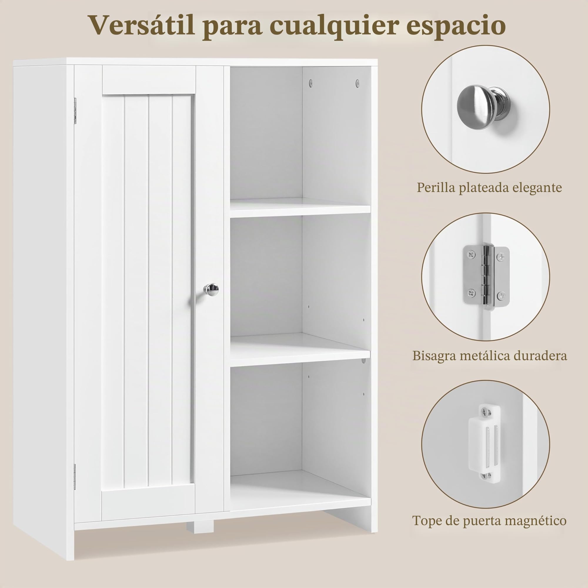 Yaheetech Armario de Suelo para Baño Moderno con Puerta Única 3 Estantes Abiertos Mueble de Almacenaje para Baño Oficina en Casa Blanco