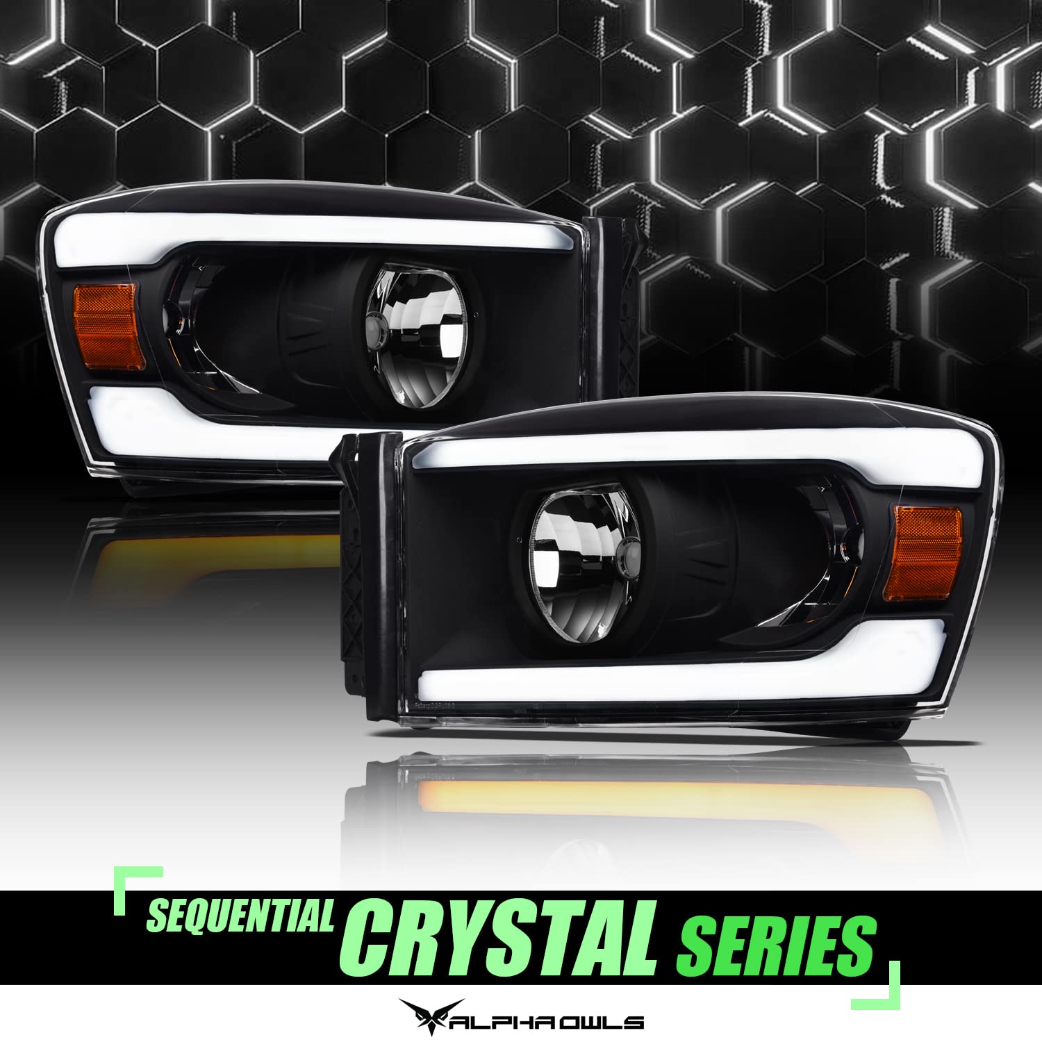 Photo 1 of Alpha Owls 8709610 Crystal Headlights With Switchback Sequential LED Light Bar & Startup Light - Black Amber Fits 2006-2008 Dodge Ram 1500/2006-2009 2500 3500
