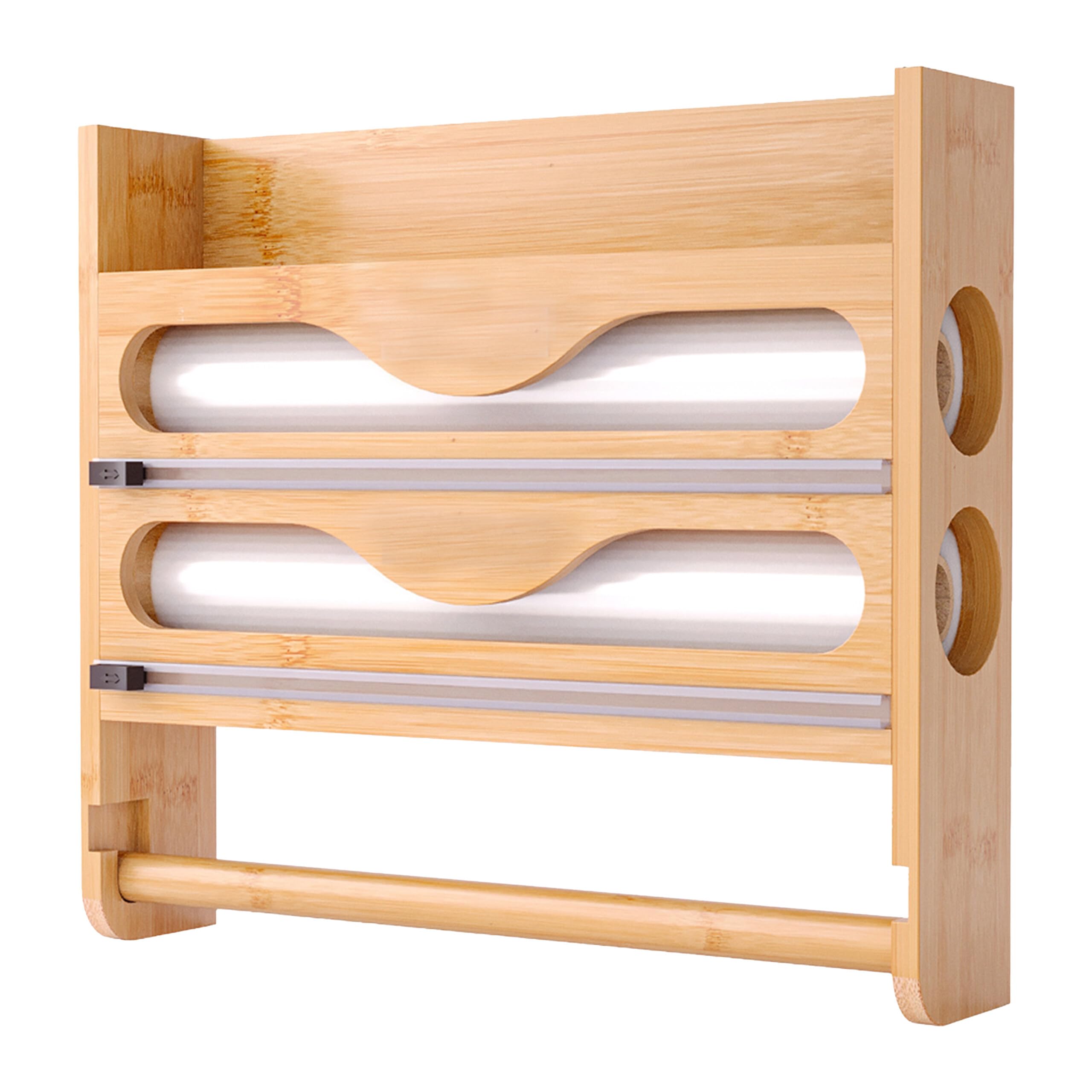 Relaxdays Wandrollenhalter 3 in 1, für Küchenrolle, Alufolie, Frischhaltefolie, Bambus, HxBxT: 27 x 35 x 7 cm, Natur