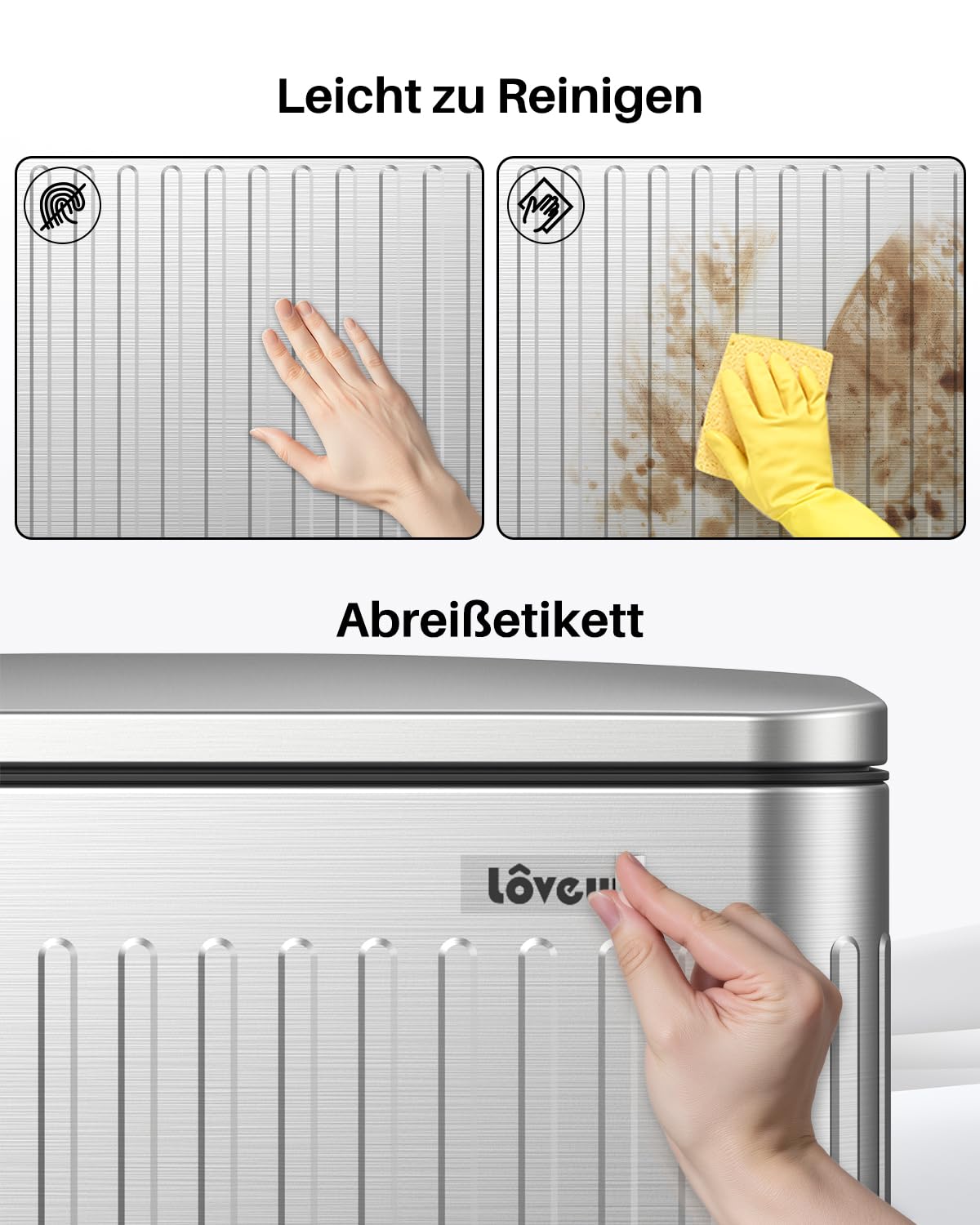 lovewind 60L Mülleimer Küche Edelstahl Silber, Pedal-Behälter mit Soft-Close Deckel,herausnehmbare Einsätze mit Griff & Beutelhalter, Römisches Design, geruchsdicht, für 3-6 Personen