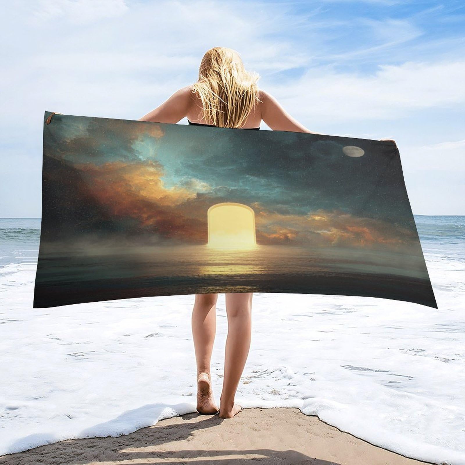 Luyysky Fantasy Cool Galaxy Archway Absorbent Beach Towel, Beautiful Abstract Planet Moon Outer Space Constellation Starry Sky Outdoor Single-Sided Velvet Beach Towel-80 W Cm X 160" L Cm