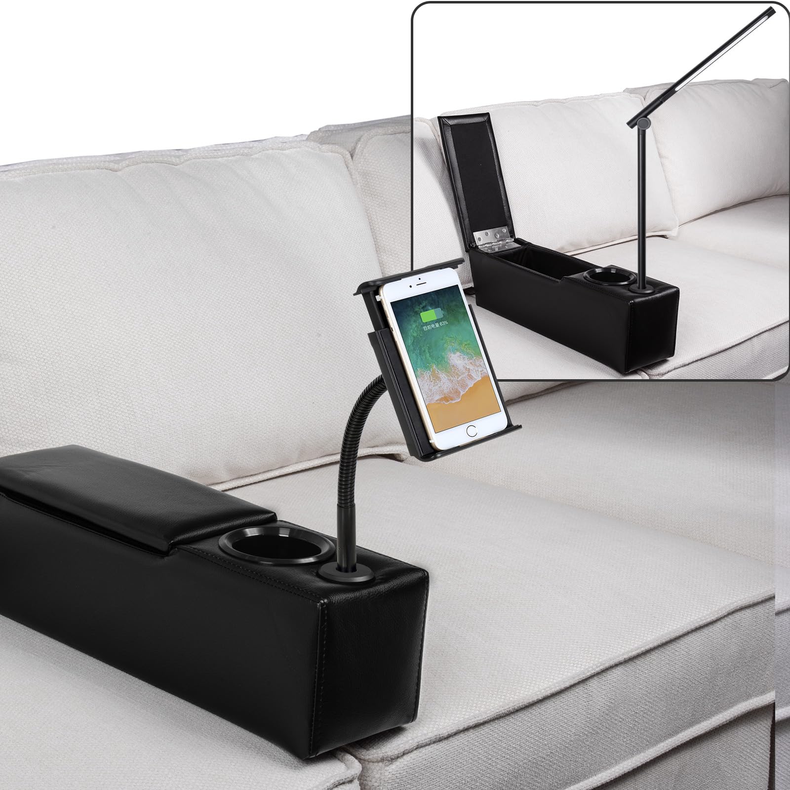 beyond SMART Sofa Armrest with Cup Holder, PU Leather Multifunctional Couch Arm Rest Insert, Removable Couch Caddy with Storage, Equipped with LED