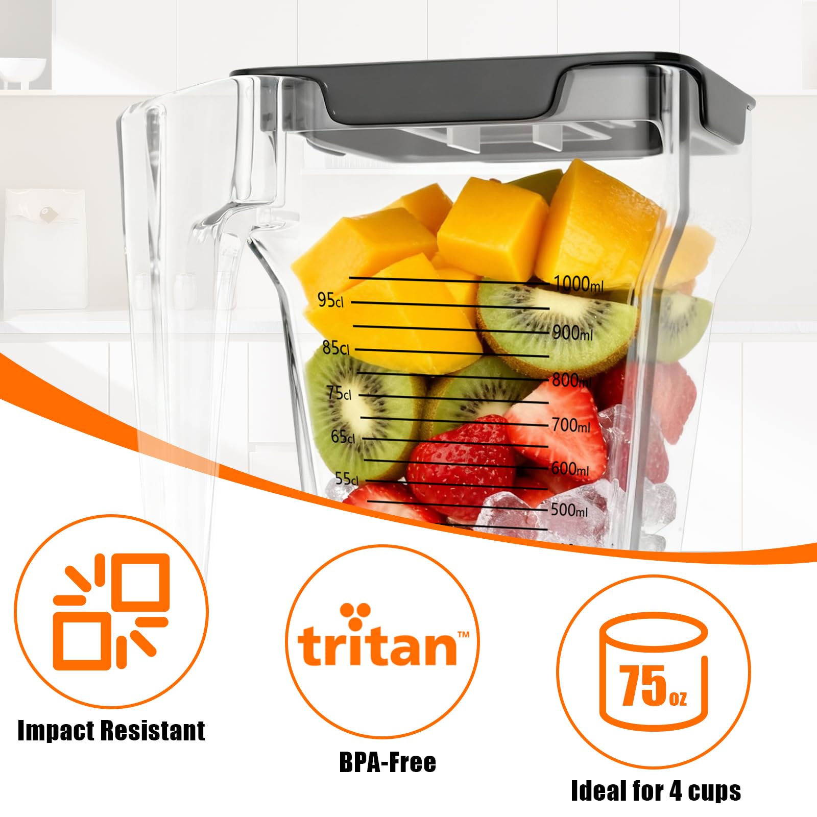 Mixerglas für Blendtec-Mixer, vierseitiger Mixer, Ersatz für Blendtec-Mixer, alle Modelle, 900 ml Mischkapazität, doppelte Edelstahl-Klinge