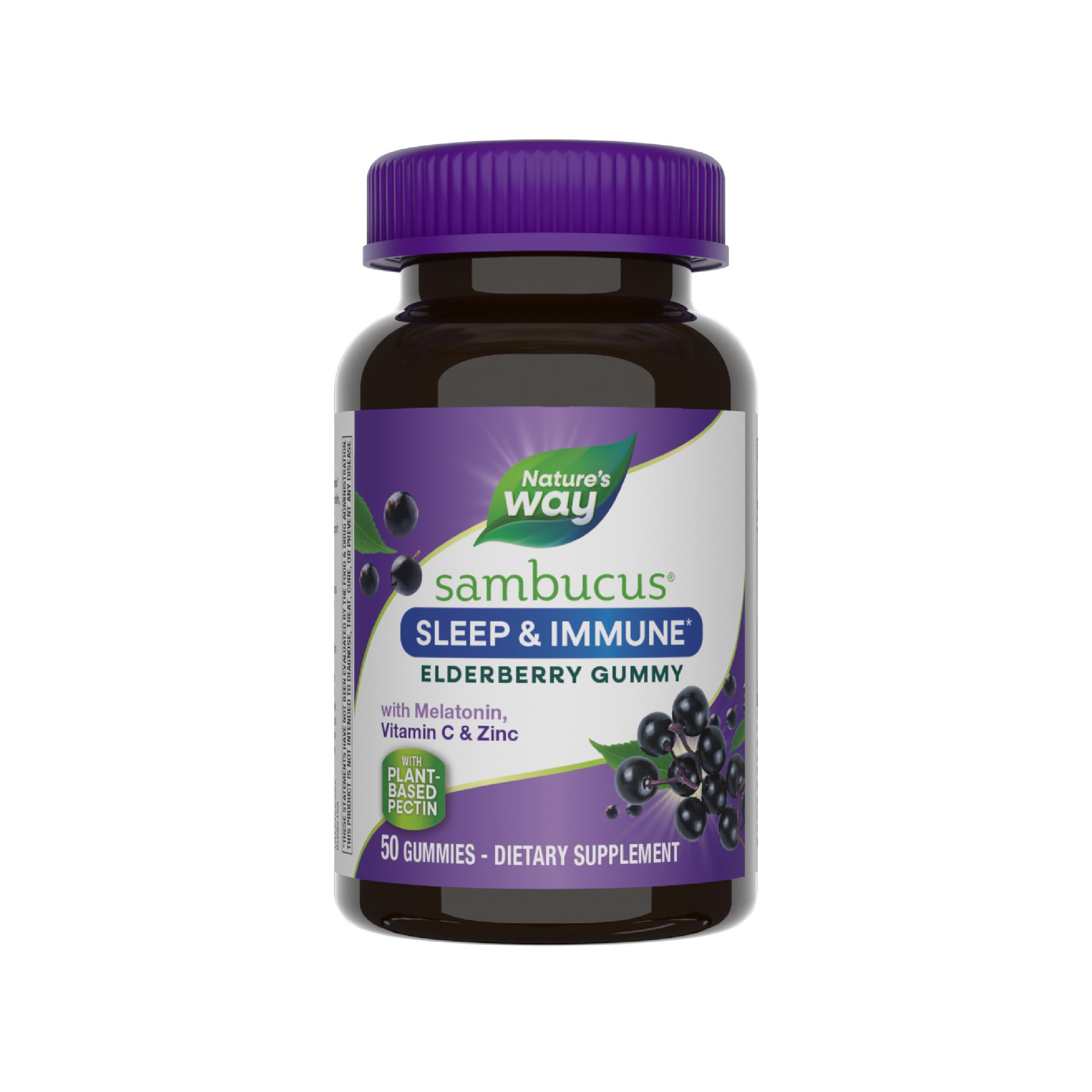 Nature’s Way Sambucus Sleep + Immune* Elderberry Gummies, Sleep Support for Adults and Immune Support*, With Melatonin, Vitamin C, L-Theanine, Zinc, 50 Gummies (Packaging May Vary)
