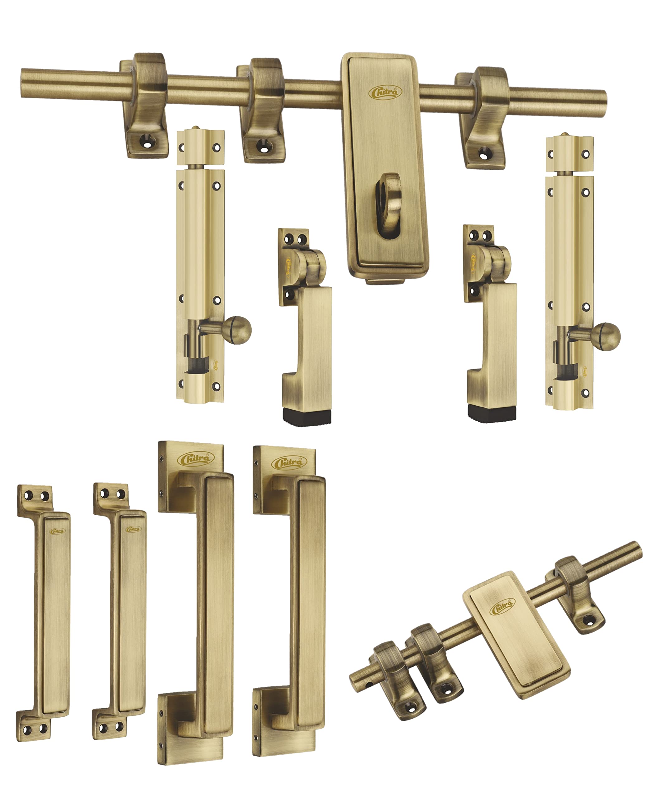 Chitra Dice Series Zinc Alloy Heavy Double Door Fitting Accessories Full Set/Kit (1 Aldrop, 1 Latch, 4 Handles, 2 Tower Bolt and 2 Door Stopper) (12 Inch, Antique Brass) (B09J2KY72S) Amazon Price History, Amazon Price Tracker