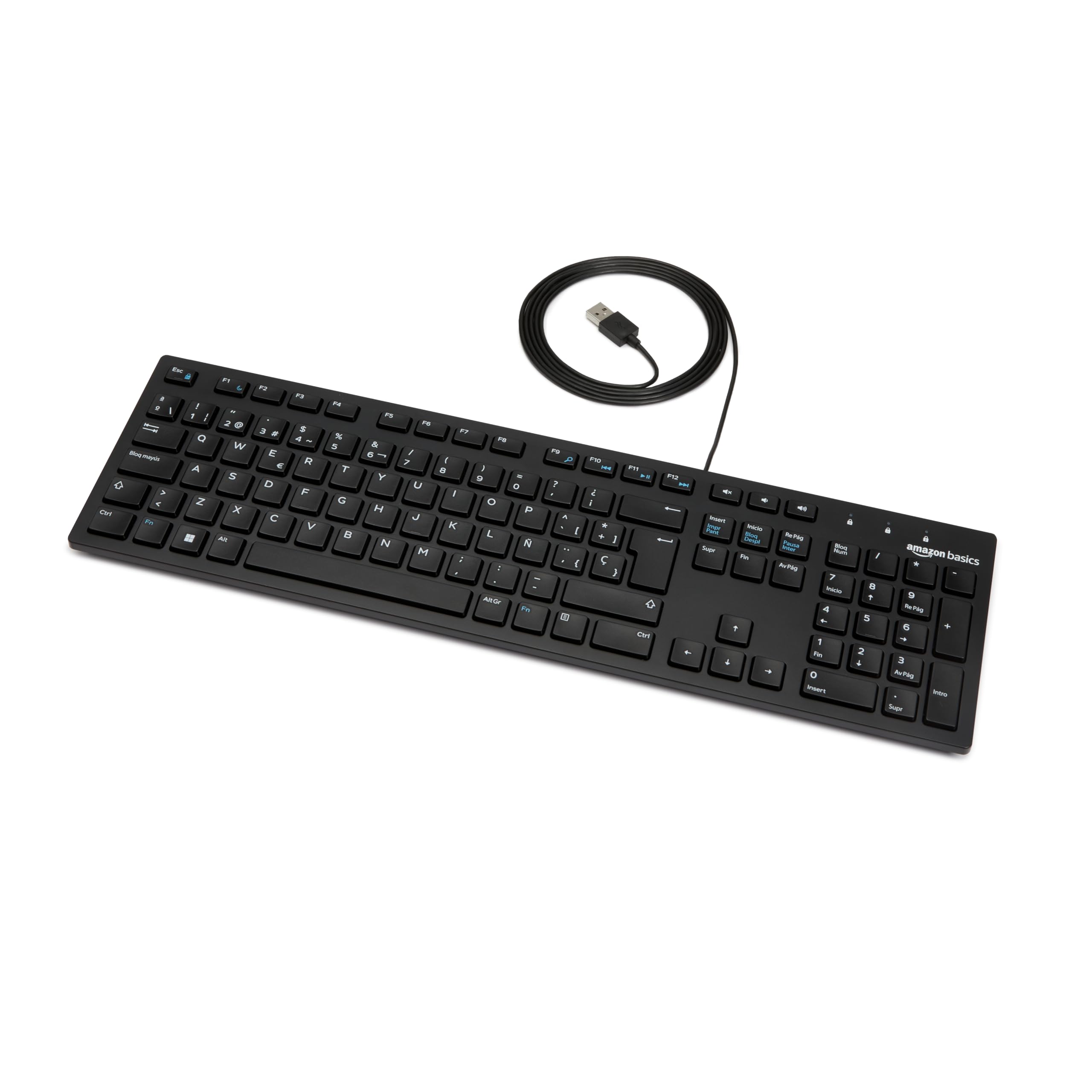 Amazon Basics Teclado con Cable USB y Base Fina, diseño español, Negro Mate