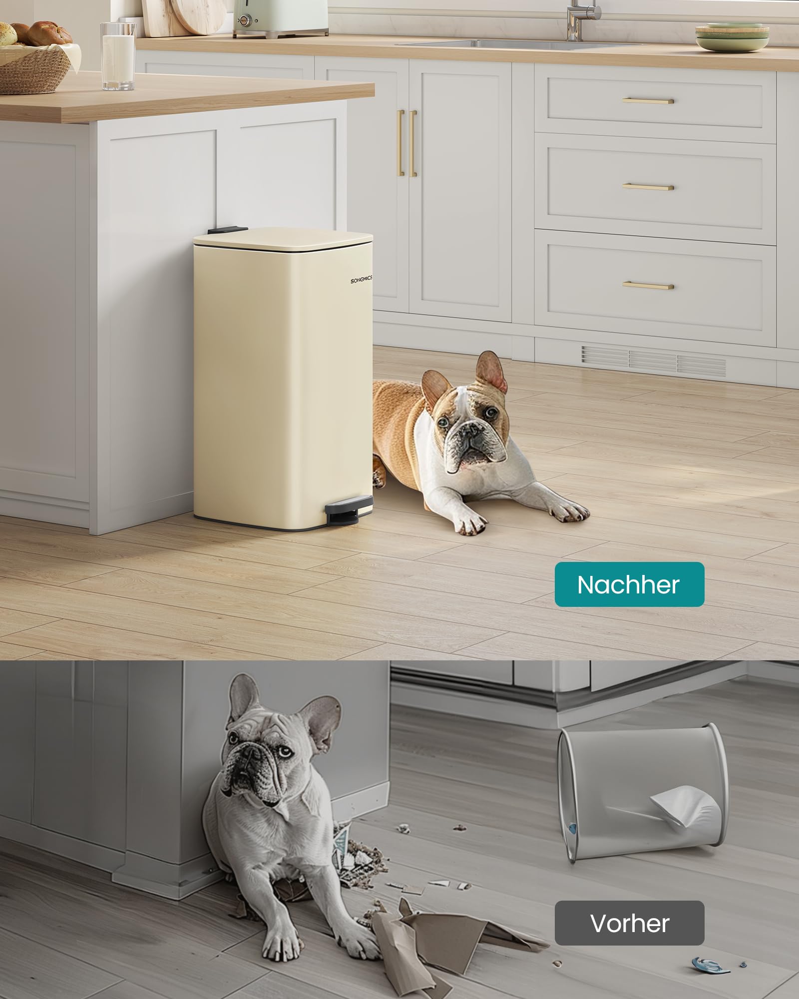 SONGMICS Mülleimer Küche 30 Liter Tretmülleimer Stahl Softclose Offenhaltefunktion sandbeige LTB593A02