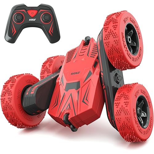 SGILE RC Stunt Car Toy Gift, 4WD Remote Control With 2 Sided 360 Rotating for Kids Girls Boys Age 6 7 8 12, Red