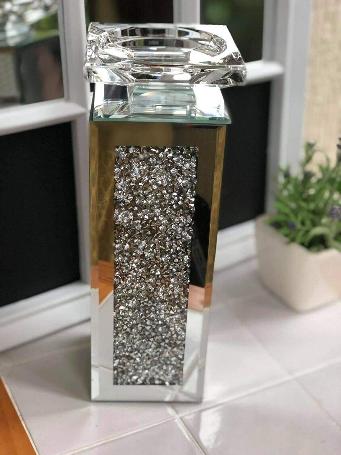 Homely Silver 25Cm Tall Pillar Diamante Mirrored Crystal Candle Holder Tea Light Holder- An Elegant Addition To Your Home- Best Gift