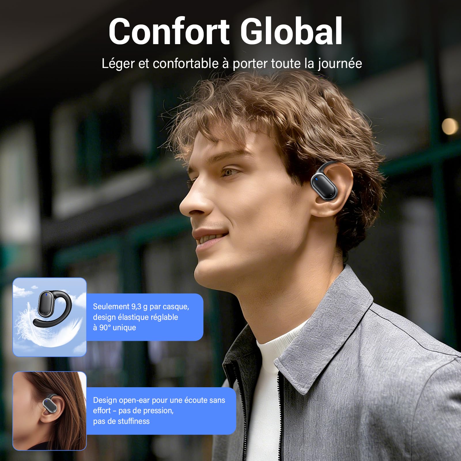 Casque de Sport sans Fil, Casque Bluetooth 5.3 Ouvert, avec Micro HD et Annulation du Bruit ENC, Basses Améliorées, Affichage LED, Casque Bluetooth étanche IPX7 pour iOS et Android, Noir