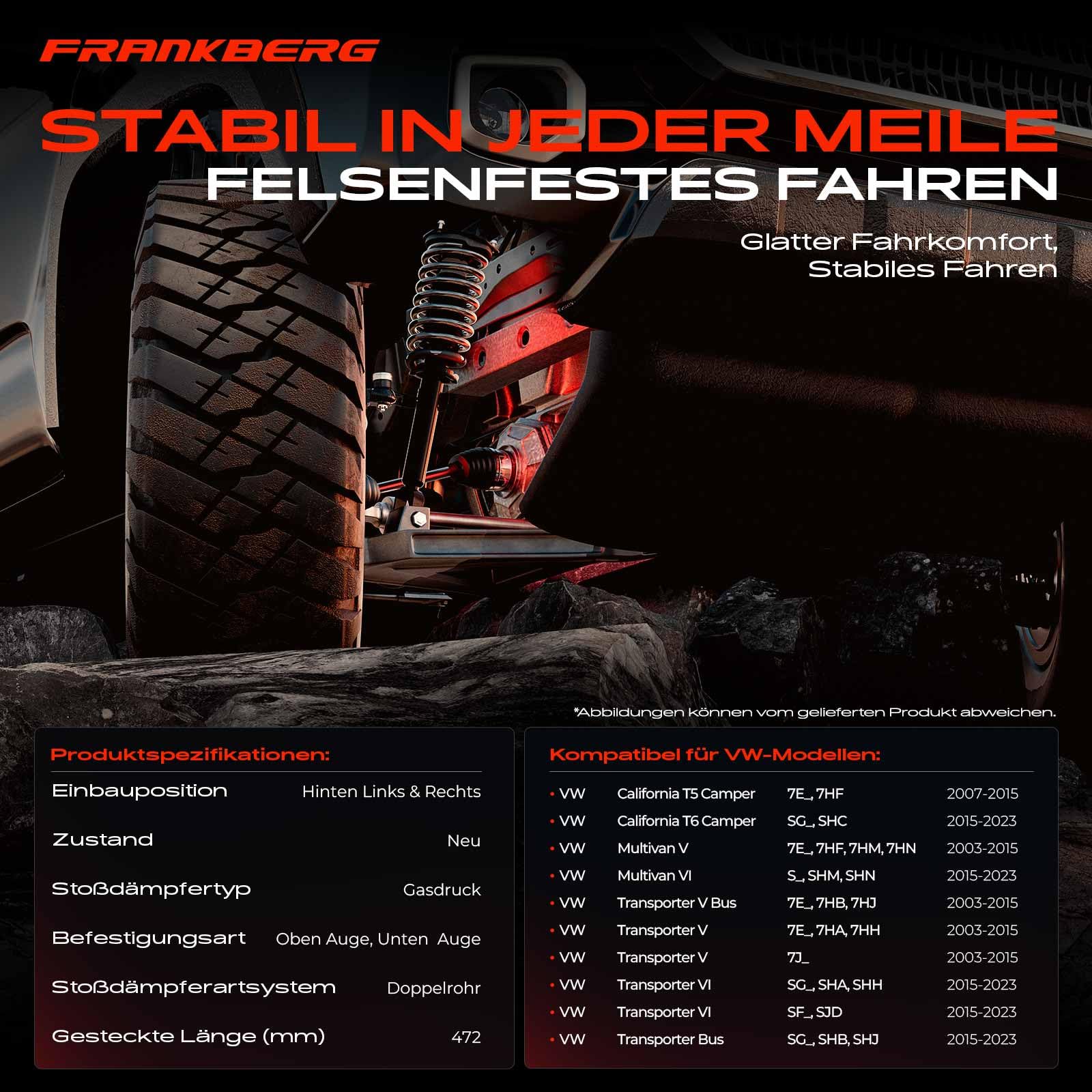 Frankberg 2x Stossdämpfer Stoßdämpfer Hinten 472mm Gasdruck 7H0513029E | Kompatibel mit Transporter V Kasten 7EA 7EH 7HA 7HH,Transporter V Bus 7EB 7EJ 7HB 7HJ,Transporter VI Kasten SGA SGH SHA SHH