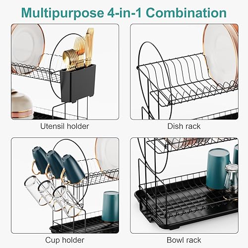 Miniatura 7 de iSPECLE Escurridor de platos  Escurridor de platos pequeño de 2 niveles para encimera de cocina con escurridor, soporte para utensilios y vidrio,