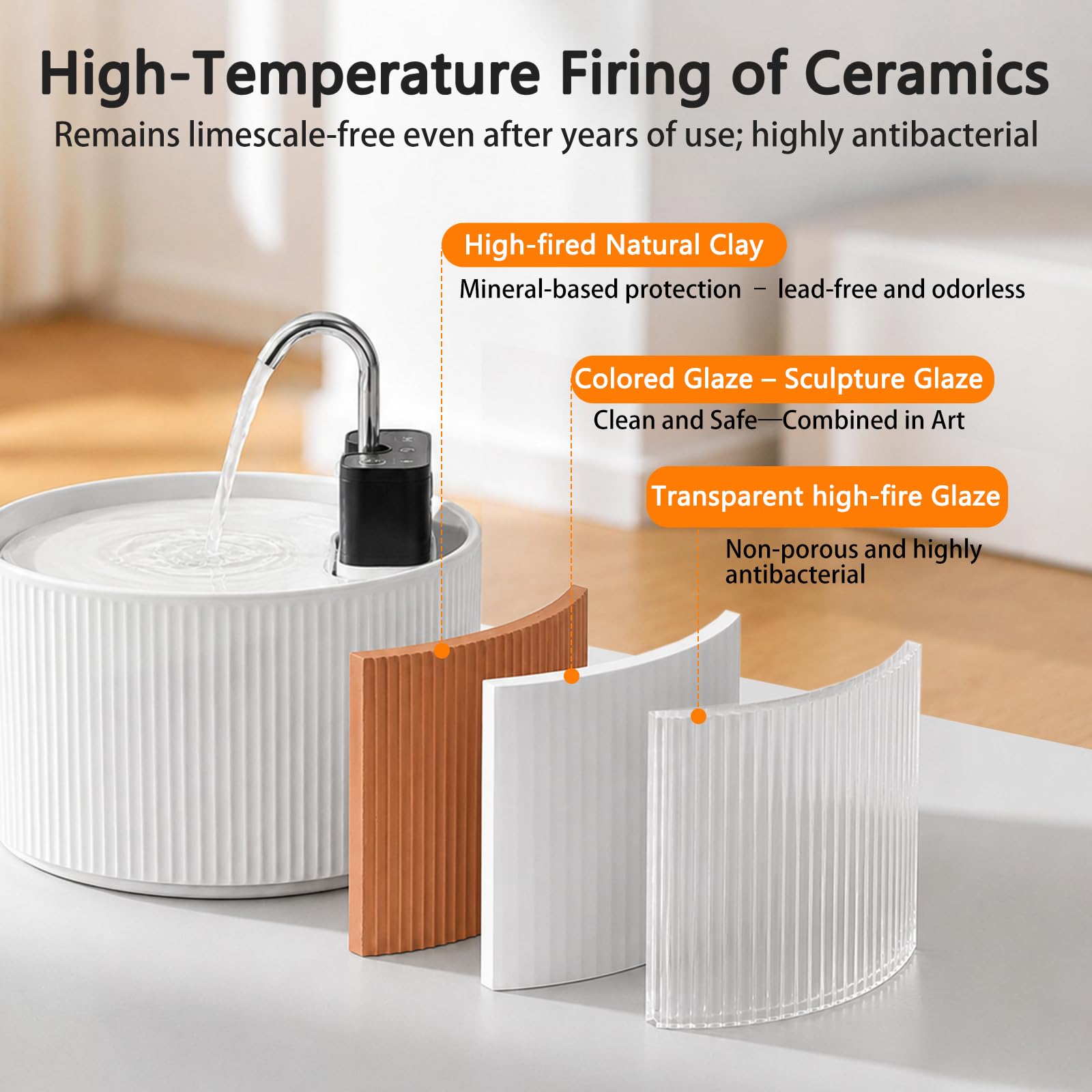 Fuente para gatos inalámbrica de cerámica, 2,2 L, fuente silenciosa para gatos, detector de movimiento, dispensador automático de agua para gatos y perros con sistema de filtro, batería de 4200 mAh
