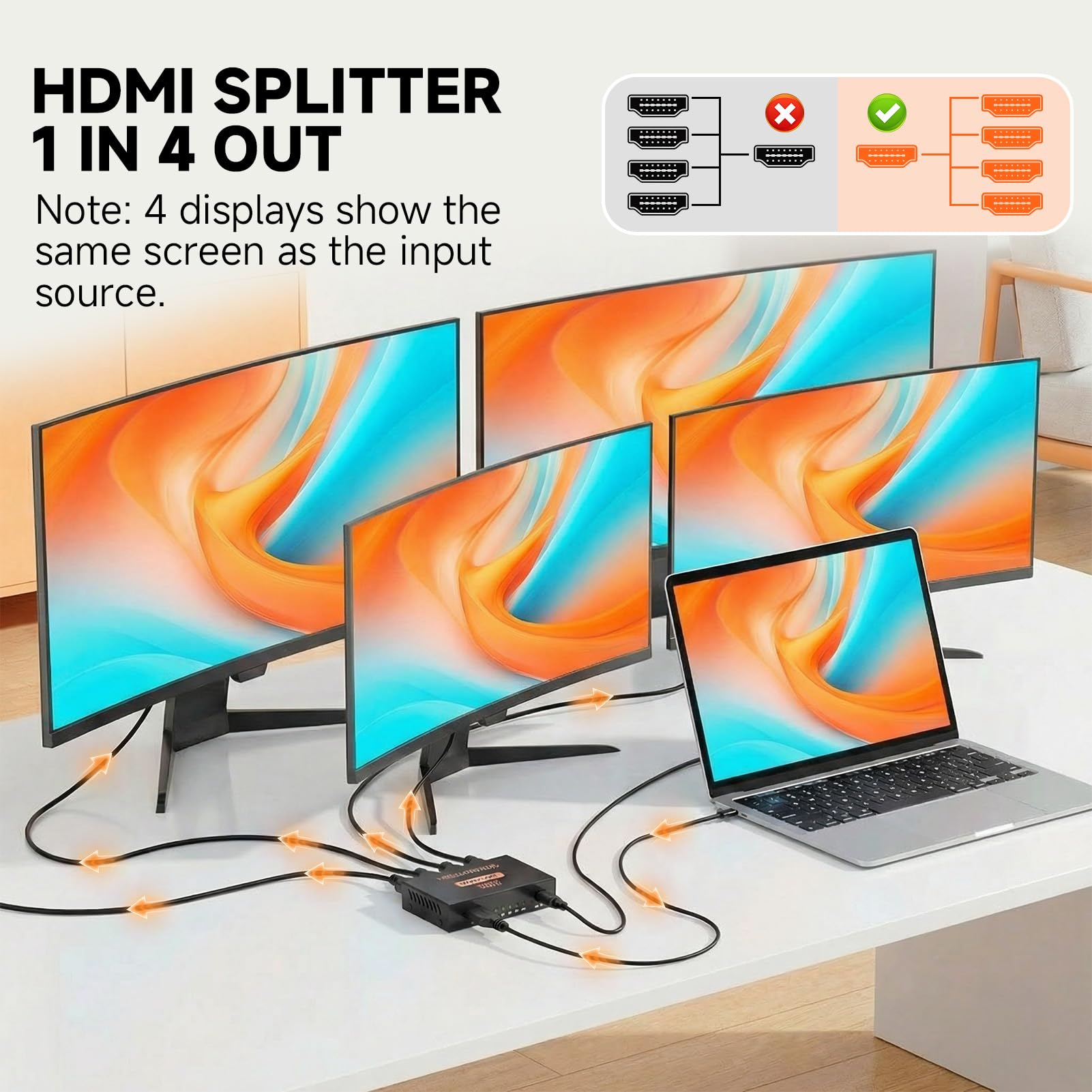 HDMI Splitter 1 in 4 out, HDMI Switch 4K 3D 1080P Splitter HDMI Divisor 1 Entrada 4 Salidas Duplicar Espejo per 4 Monitor Compatible con PS4 PS3 BLU-Ray HDTV DVD DVR Xbox Monitor Proyector — view 3
