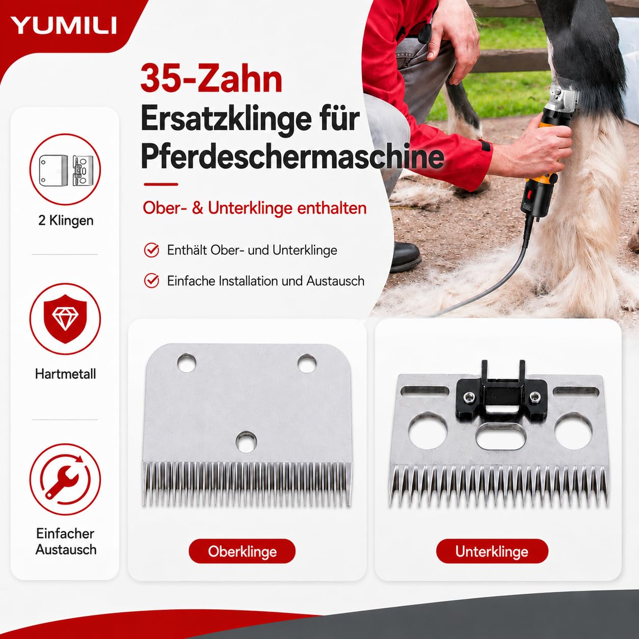 Pferdeschermaschinen Klingen, 35 Zähne Ersatzklingensatz für Schermaschine Pferd, Horse Clippers Blade, Hartmetall Viehhaarschneider für Pferden Kühen Ziegen Anderen Tieren mit Dickem Fell Entwickelt