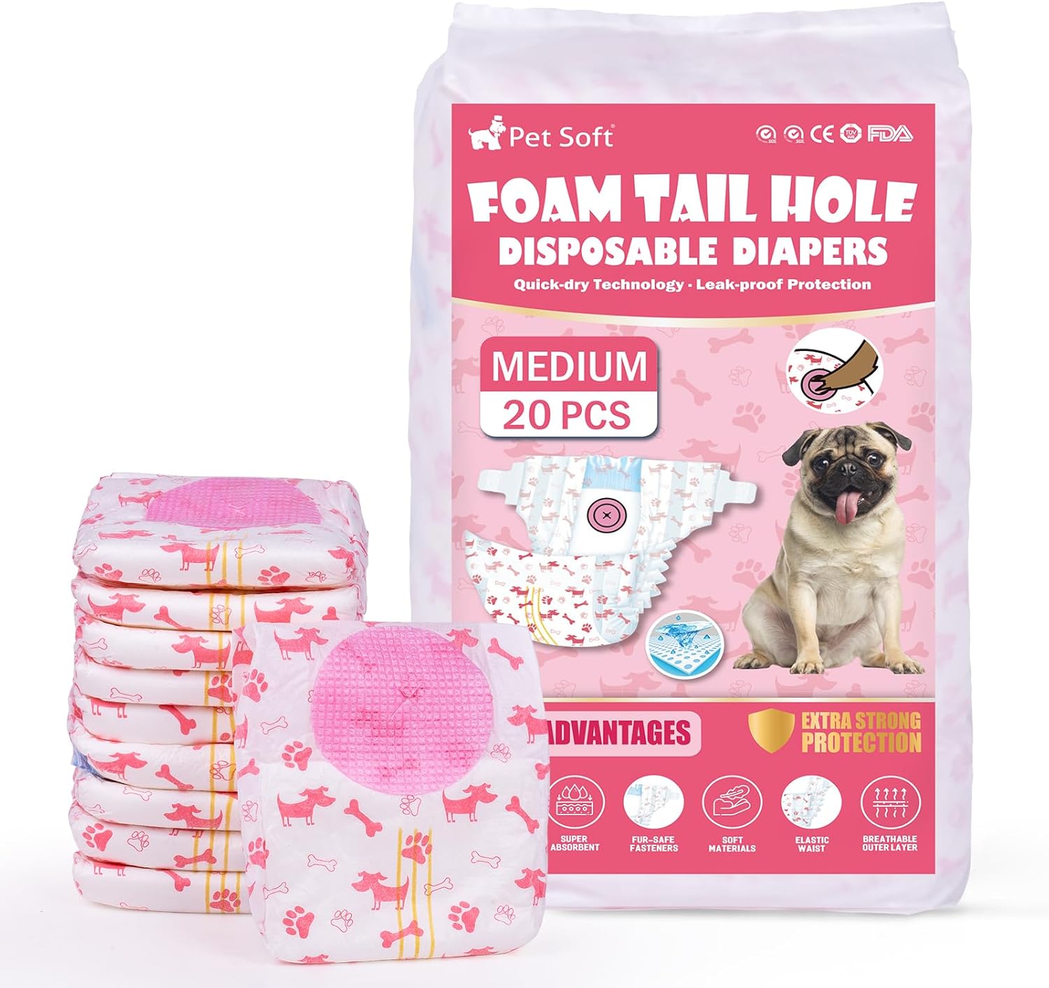 Pet Soft Dog Nappies Female, 20 Count Disposable Dog Pants Female Medium, Super Absorbent