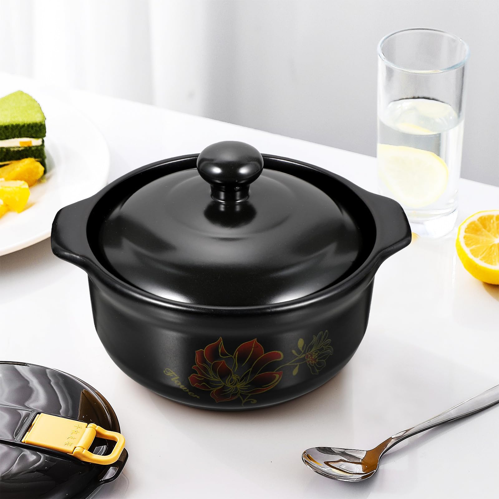 Pentola in Ceramica Nera Coperchio, per Cucina e Cottura | Distribuzione Uniforme del Calore, Conserva Calore, Praticità Elevata, Uso Domestico Quotidiano