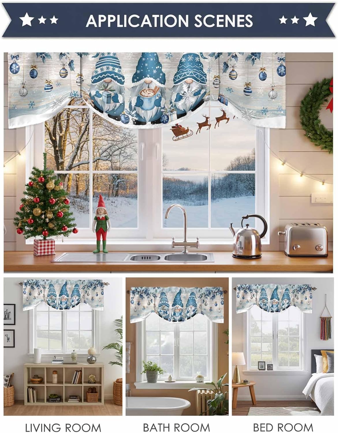Blue Christmas Gnomes Tie Up Valances for Windows, Winter Xmas Ball Branches Adjustable Valance Curtain for Living Room, Blue Grey Wooden Rod Pocket Kitchen Curtains 1 Panel 60 x 18 in