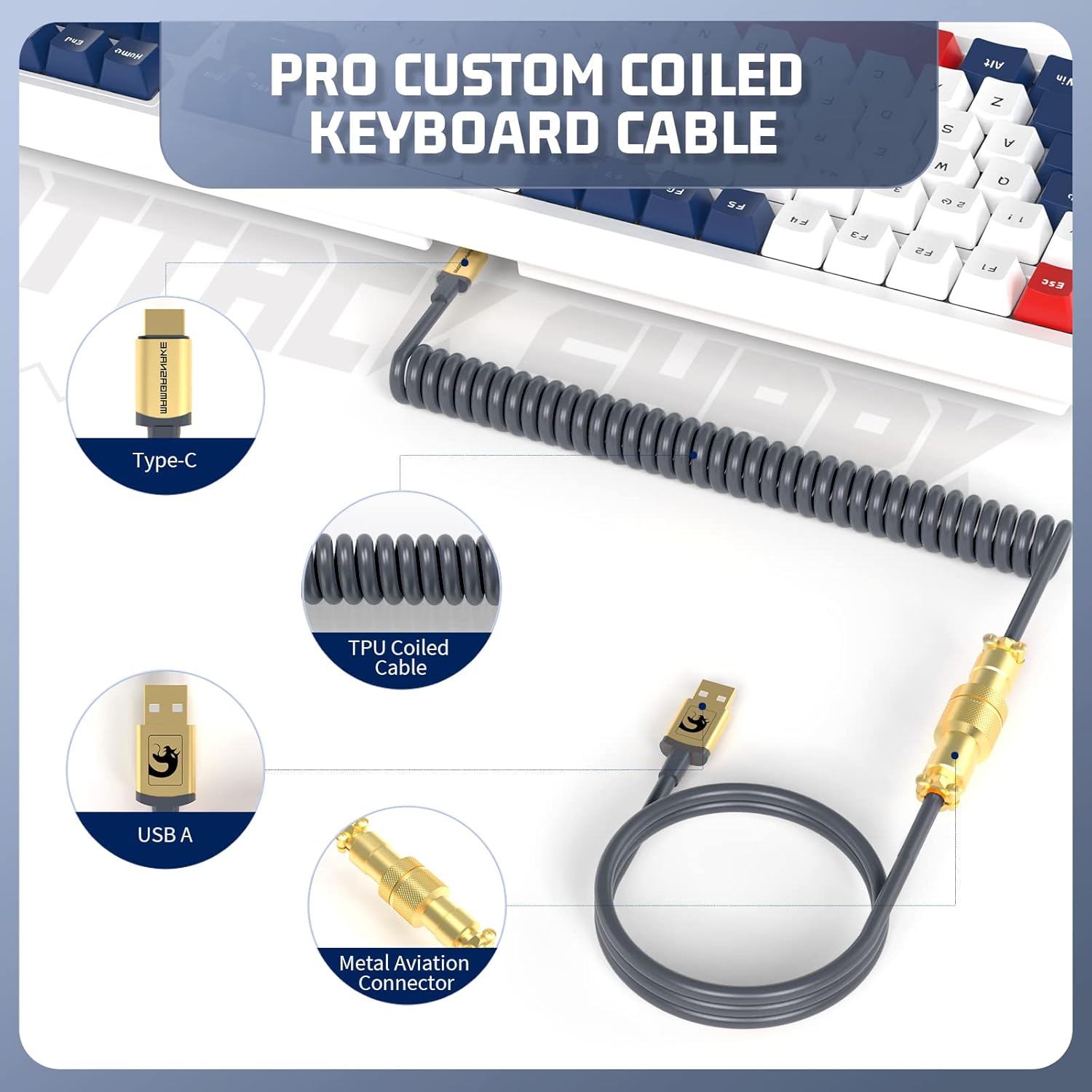 Pro Custom Coiled Keyboard Cable with Type-C, USB A, and Metal Aviation Connector details