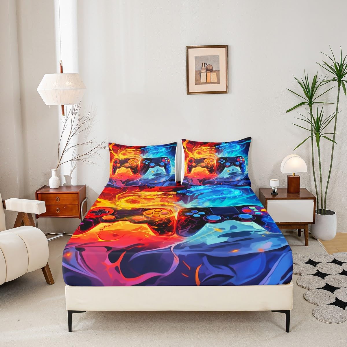 Gaming Home Video Game Bed Sheet Set Full,Boys Girls Gamepad Red Blue Flame Soft Microfiber Sheet Set for Bedroom Decor,Watercolor Abstract Dragon Fitted Sheet + Flat Sheet + 2 Pillow Cases image 5