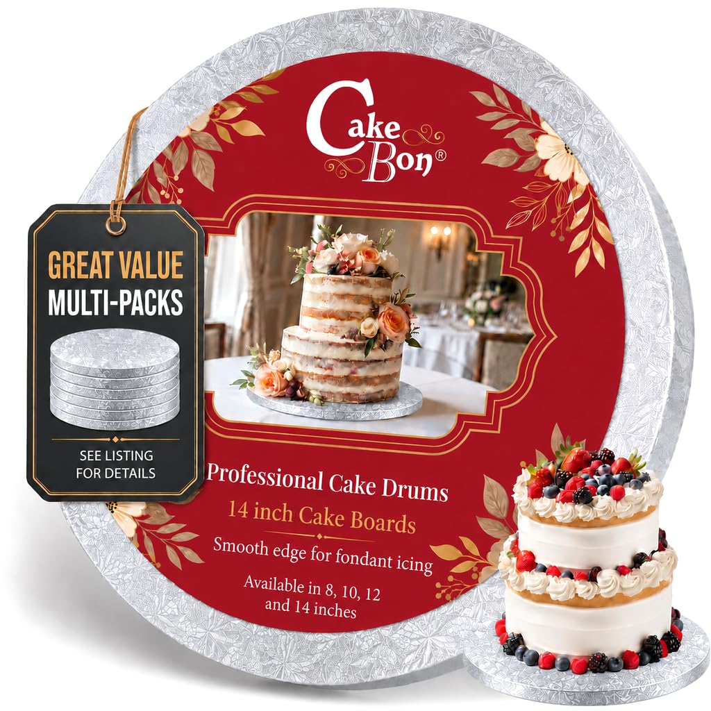 Cakebon Cake Boards 14" Silver Round Cake Drums 1/2" Thick Smooth Edge 6Pk