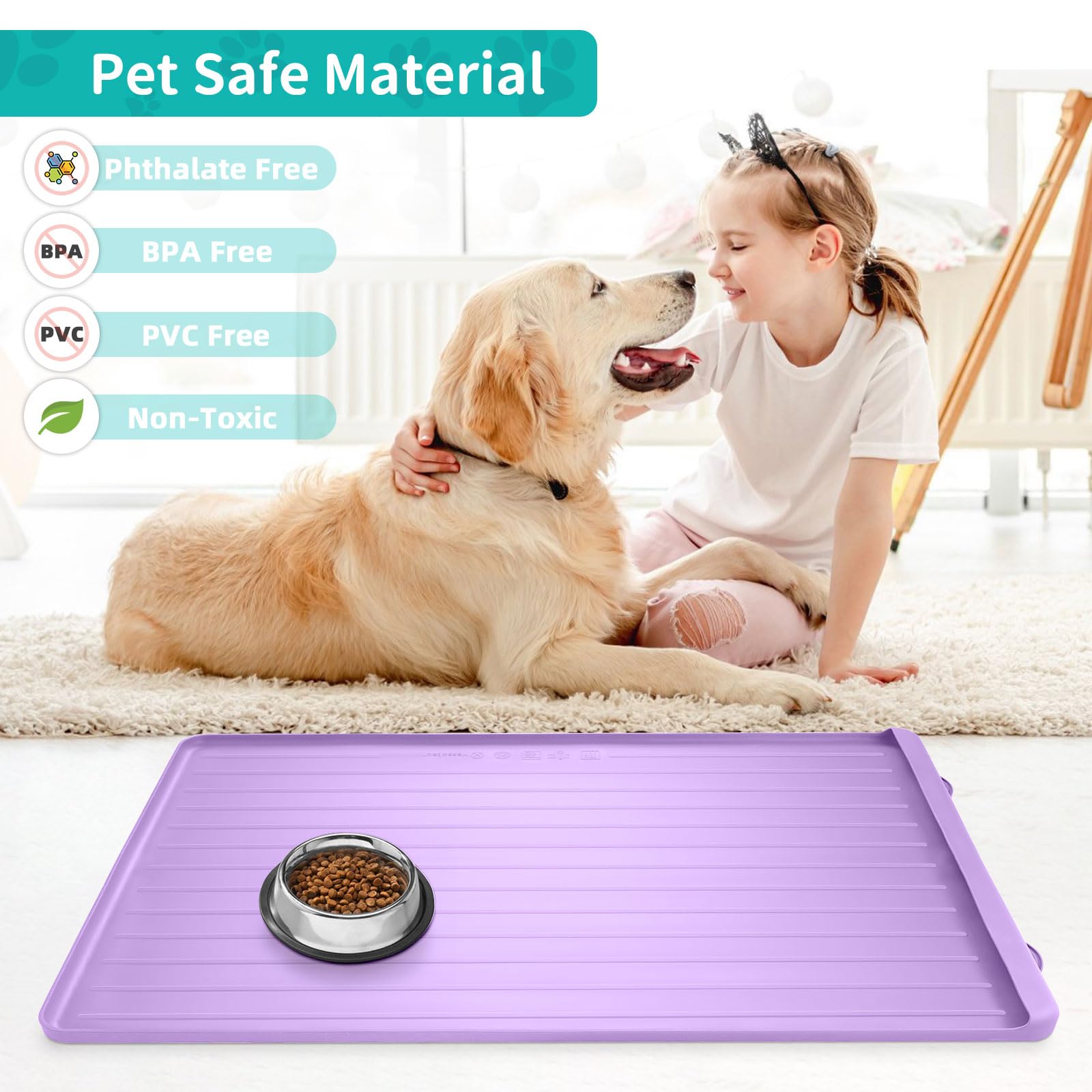 Tapis d'alimentation pour chien et chat – Grand tapis d'alimentation de 100,1 x 68,6 cm avec poche de collecte de résidus – Tapis imperméable pour gamelle pour chien et chat avec bords hauts pour
