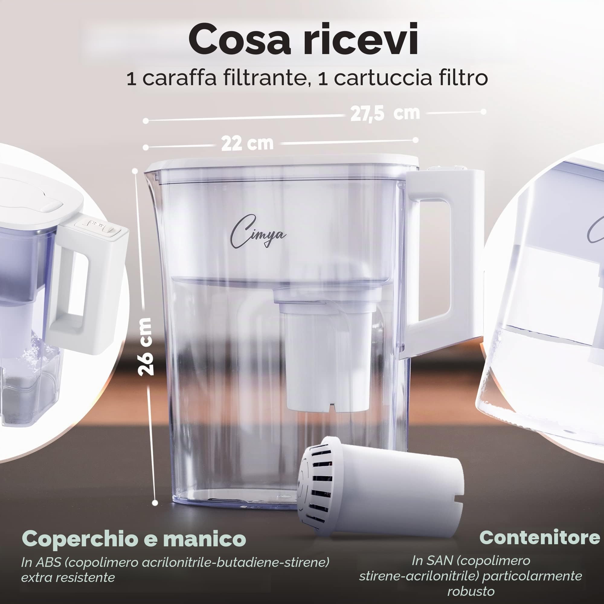 Filtro per acqua potabile, filtro 2,4 litri + cartuccia filtro 1 x 2 mesi, carbone attivo, ammorbidito, calce, cloro, pesticidi e batteri, aumenta il pH (bianco)