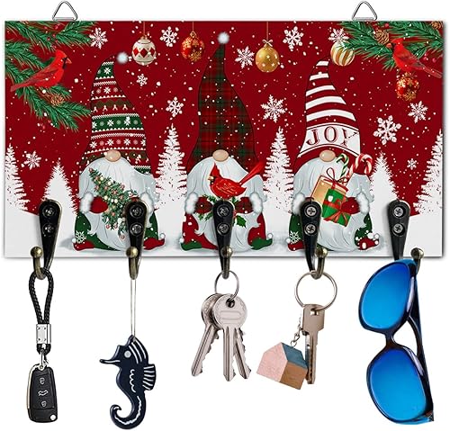Llavero rojo con diseño de gnomo de Navidad y copos de nieve para decoración de pared, soporte para llaves de madera con 5 ganchos para llaves,