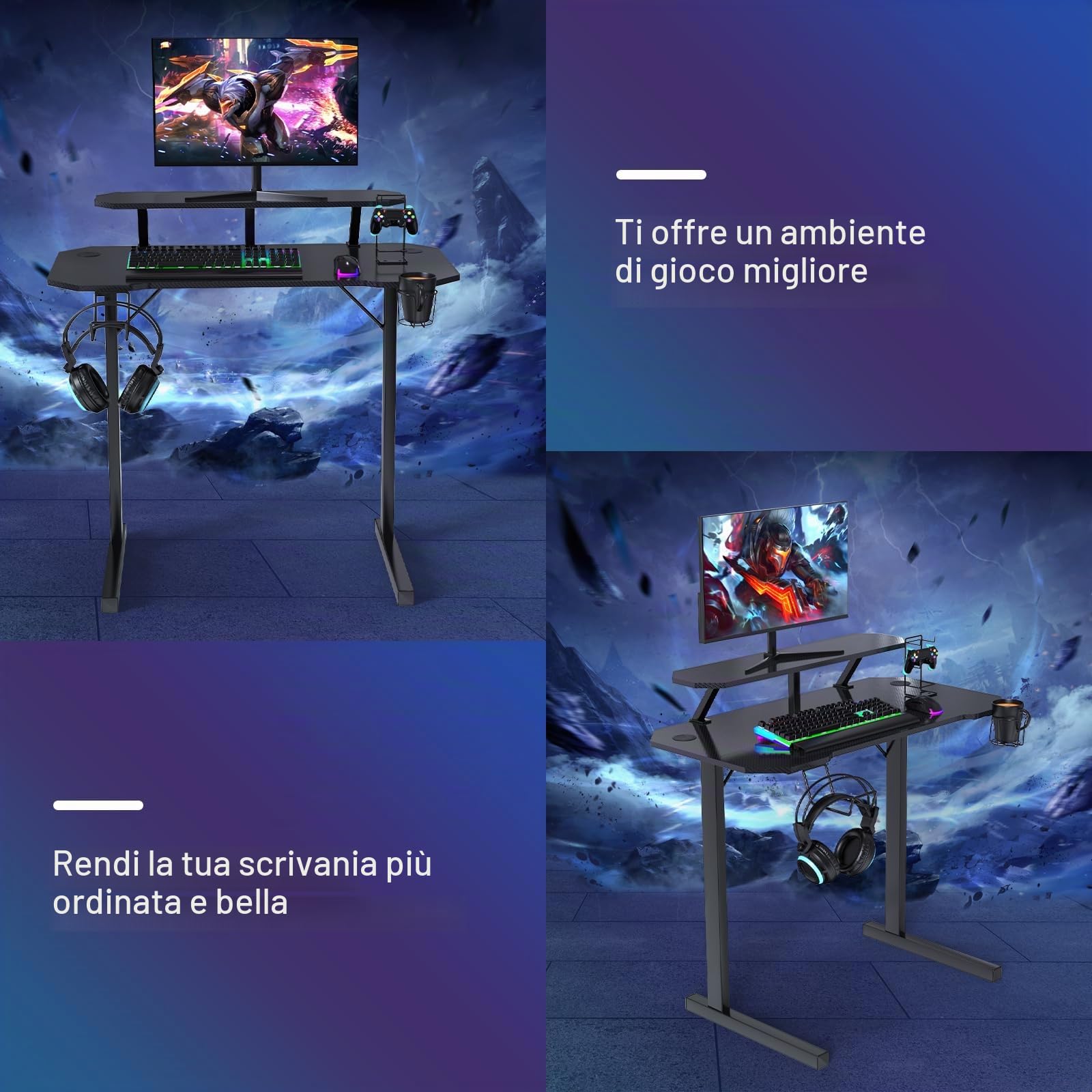 Scrivania da Gaming Scrivania per computer Tavolo per PC con portabicchieri e gancio per cuffie Scrivania con supporto per monitor 100x55x75 cm Nero