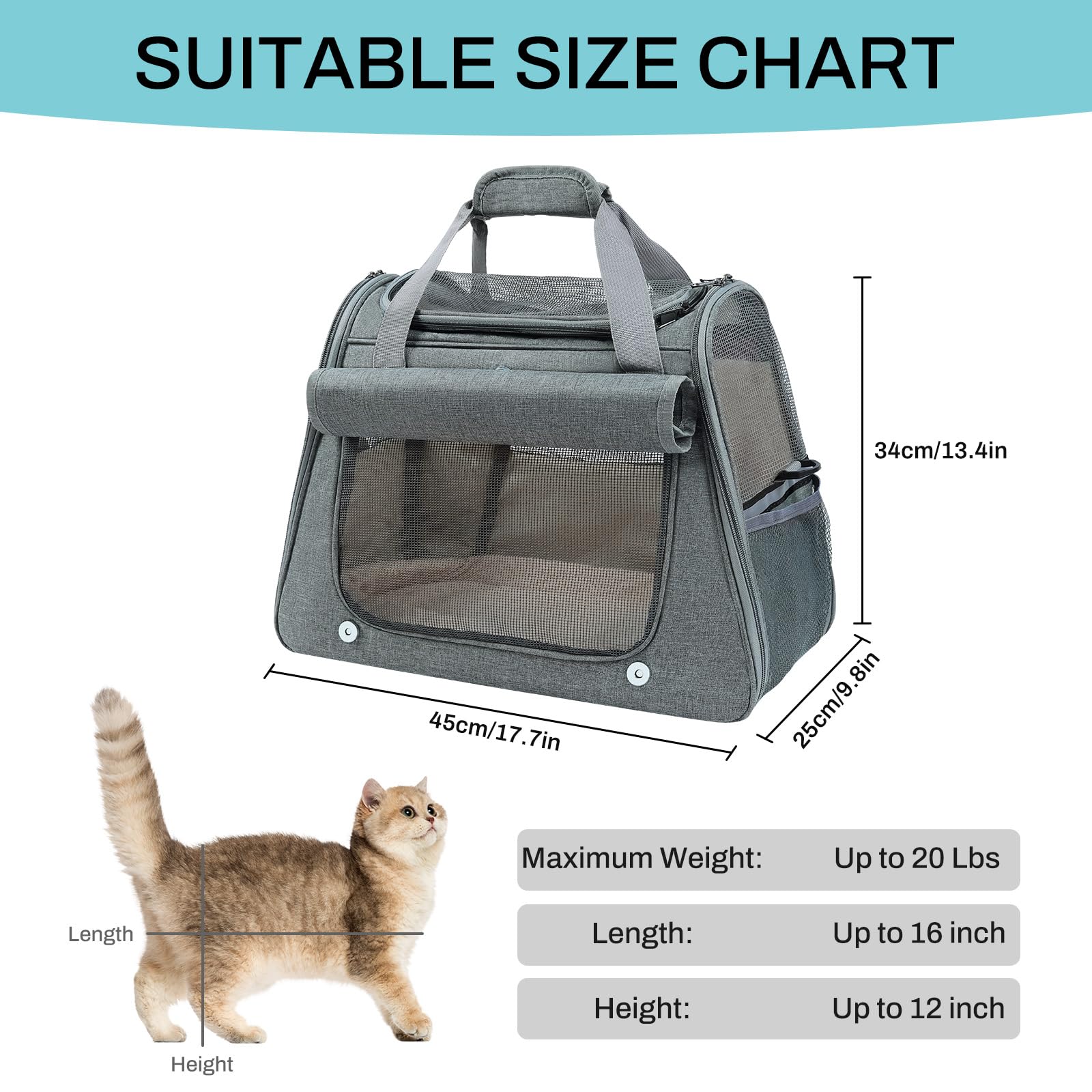 YooxArmor Torba transportowa dla kotów i małych psów, składana, do podróży i samochodu, 45 x 25 x 34 cm, przenośna torba dla psów, do 9 kg