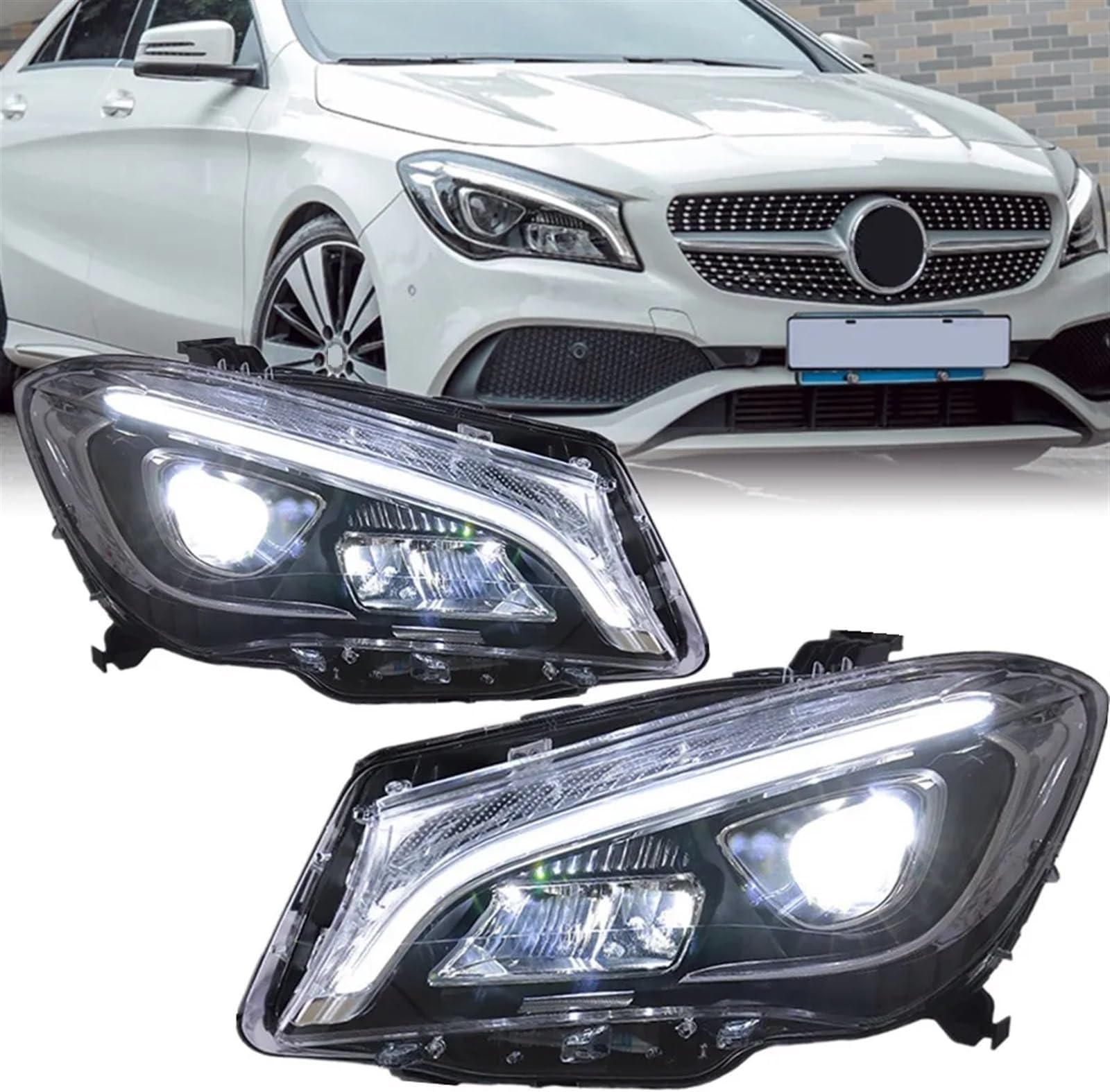 2 Pcs Car Led Headlight compatible with Mercedes Benz W117 CLA 180 200 220 250 260 2014-2019 LED DRL Refit Front Light Assembly(Original Halogen)