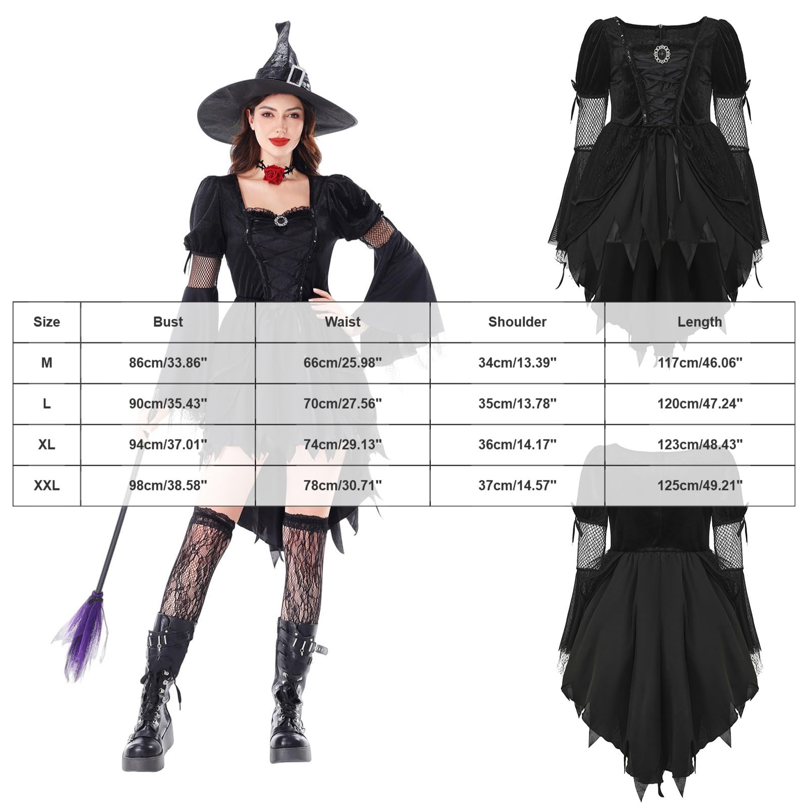 Vestido Gótico Mujer Terciopelo Volantes Encaje Falda Amplia Manga Larga Campana Vestido de Fiesta Temático Halloween Disponible Temporada Época Renacimiento con Cinturón Corsé Ajustable Ancho Retro