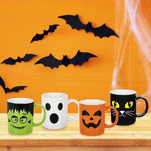 Miniatura 7 de Whaline Juego de 4 tazas de Halloween de 12 onzas con diseño de calabaza, gato, monstruo, fantasma, tazas de cerámica a juego para el hogar,