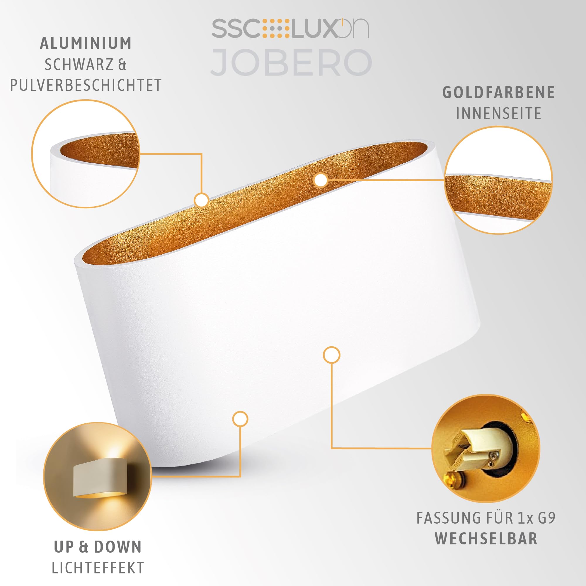 SSC-LUXon JOBERO 2er Set Wandlampe Innen weiß gold - moderne Wandbeleuchtung Up Down im Retro Design mit 1x G9 Fassung 230 V